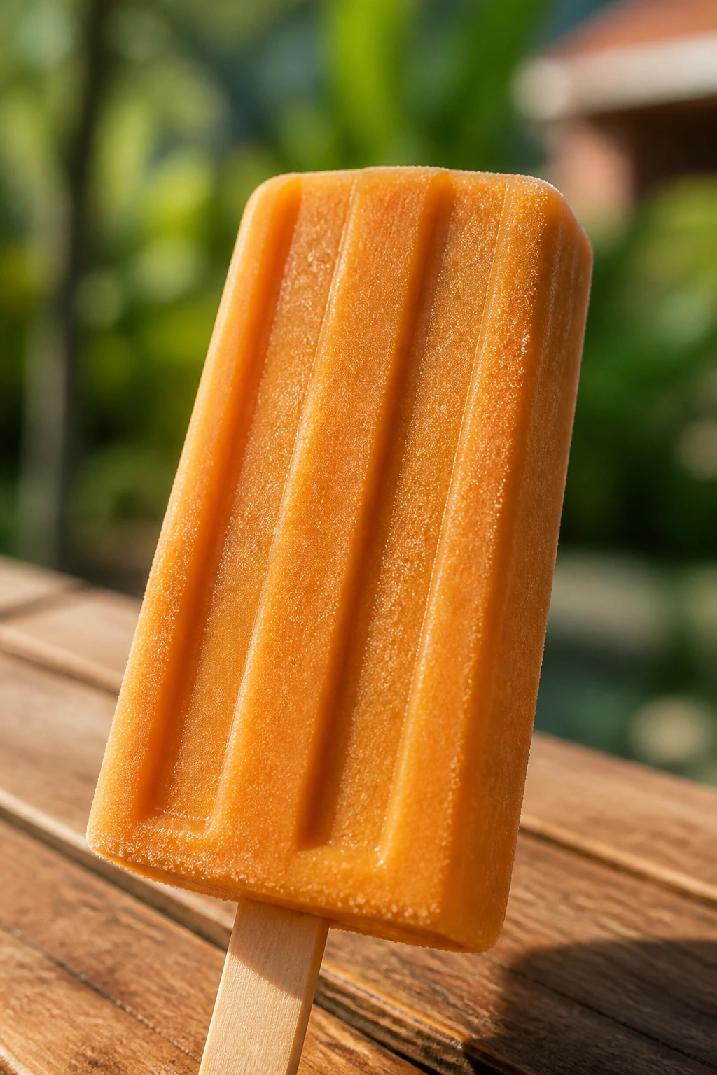 Close-up of a Thai tea popsicle on a stick with creamy orange-brown color