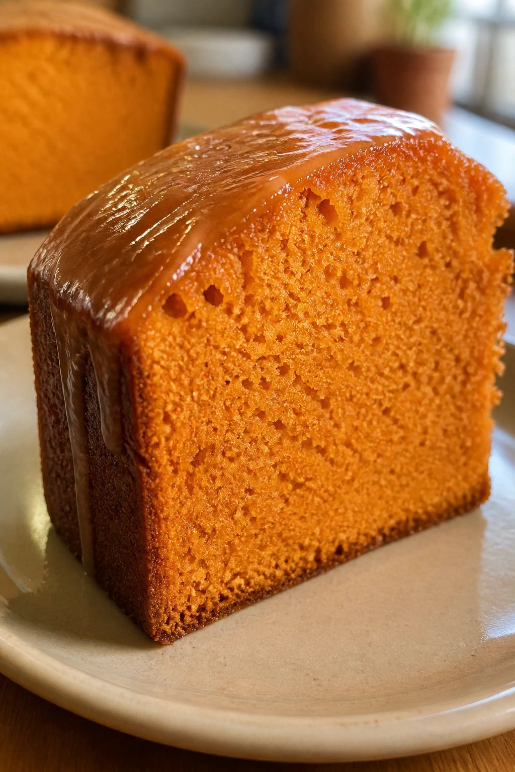 Close-up of Thai Tea Pound Cake slice on a plate