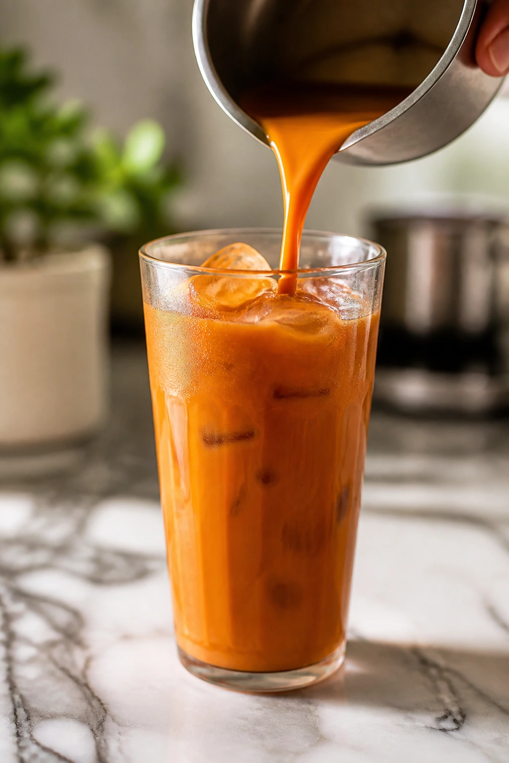 Pouring Thai tea into a glass on a kitchen counter