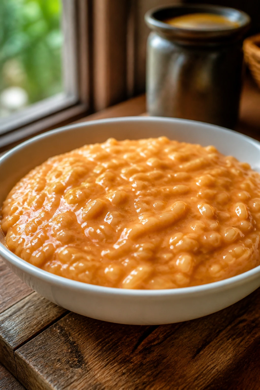 Close-up of Thai Tea Rice Pudding in a bowl