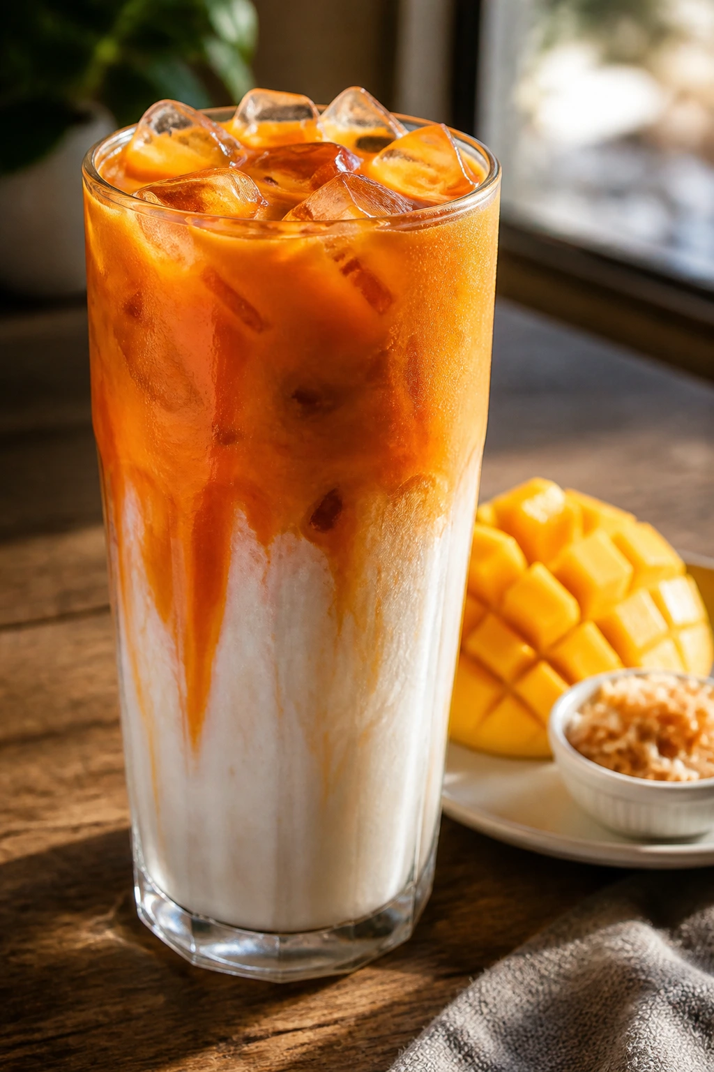 Close-up of layered Thai tea in a clear glass on a rustic table highlighting serving style