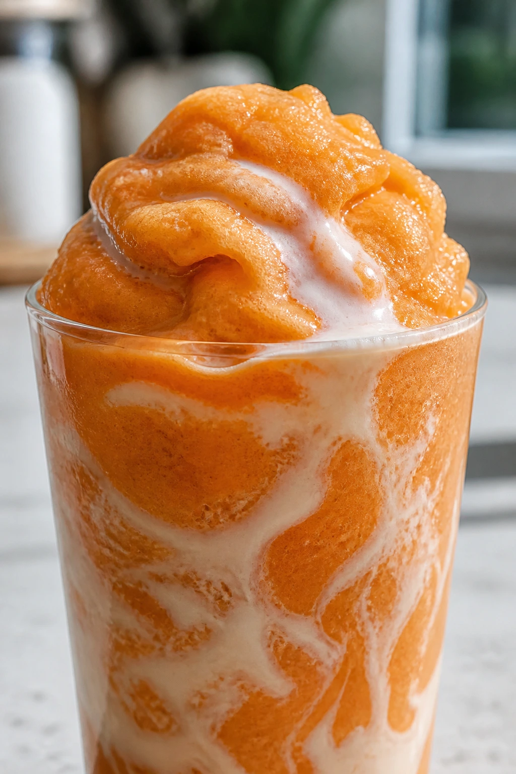 Glass of Thai tea coconut slush with icy texture