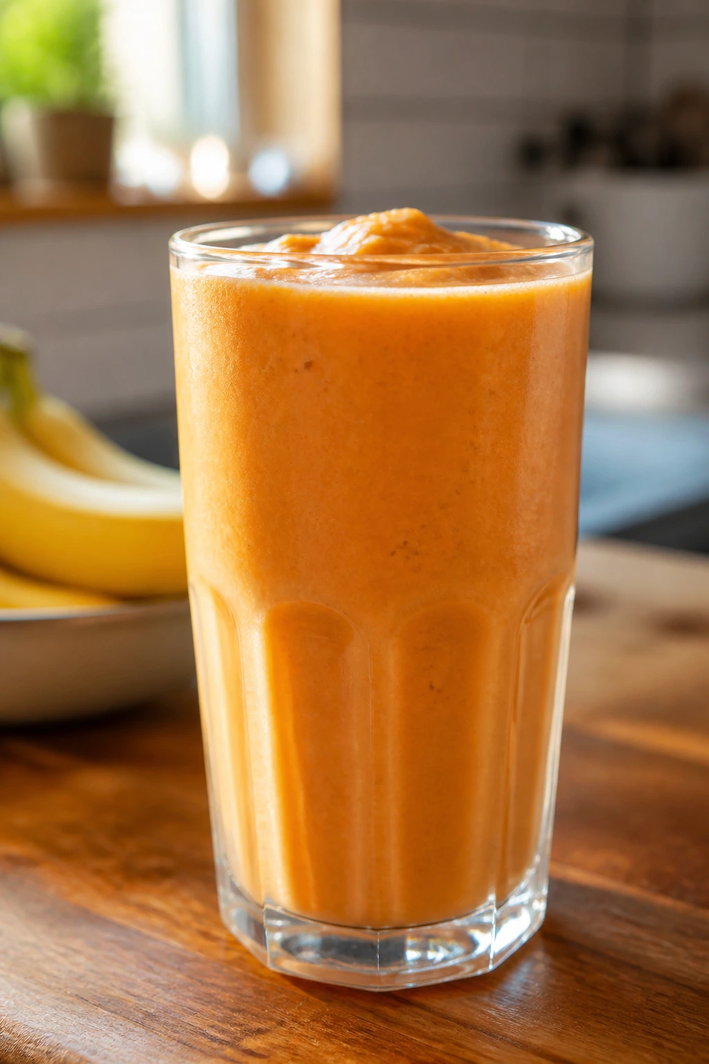 Close-up of Thai tea banana coconut smoothie in a glass on a wooden counter