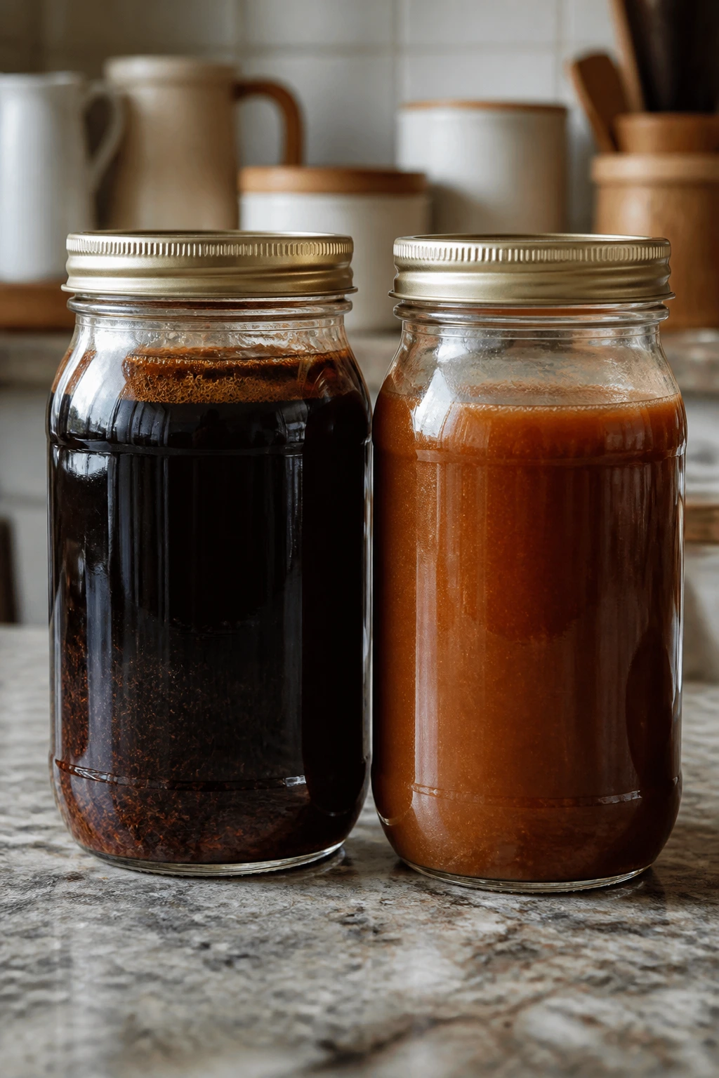 Two glass jars with tea concentrate and tamarind syrup in a kitchen