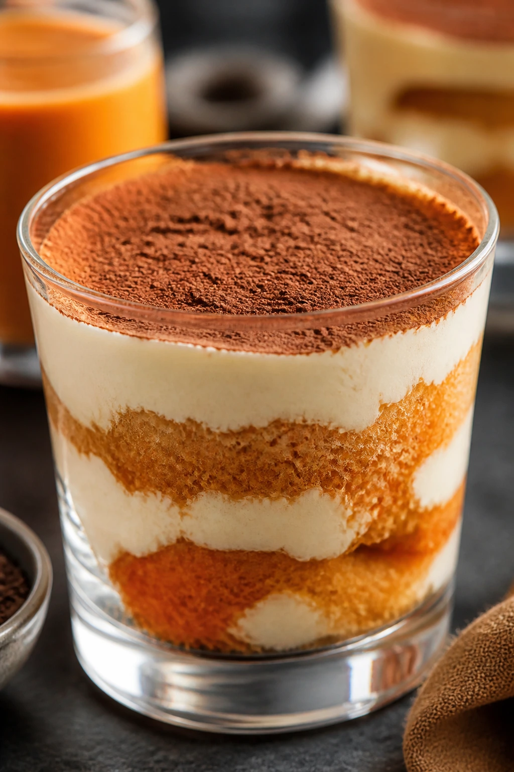 Close-up of a Thai tea tiramisu cup showing layers in a glass