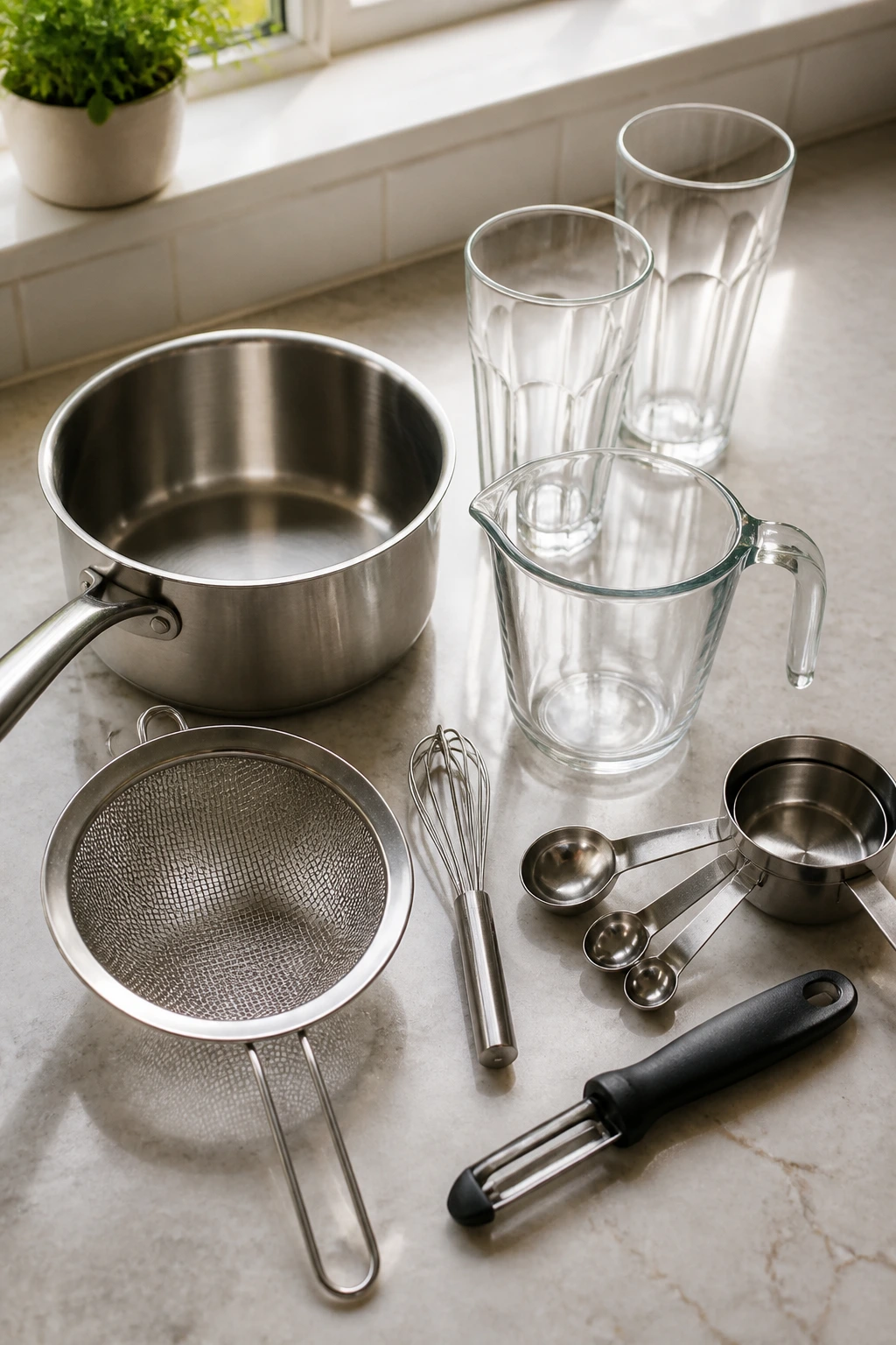 Thai tea brewing tools arranged on a counter