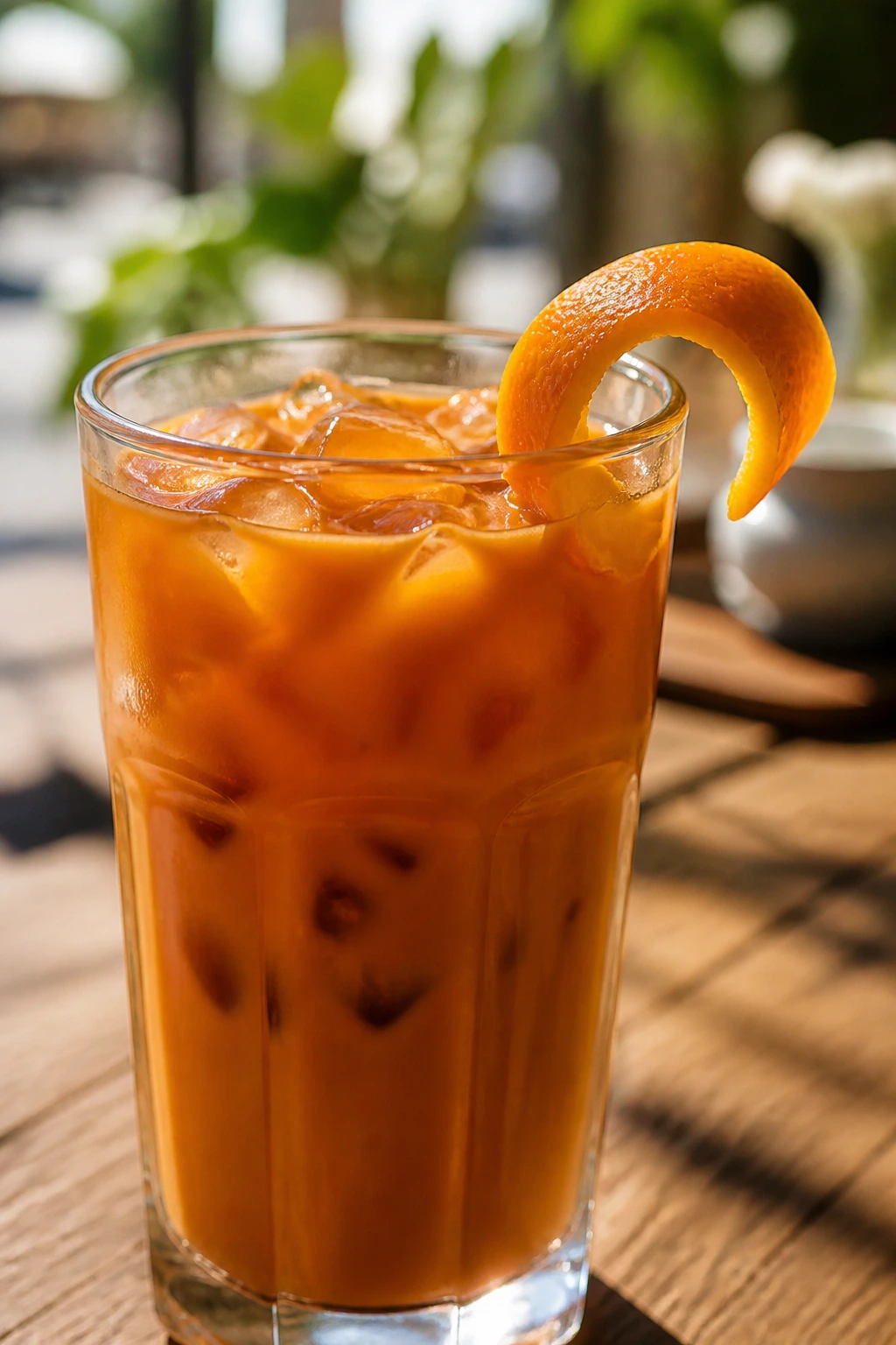 Thai tea with orange peel garnish in a glass on a sunny cafe table