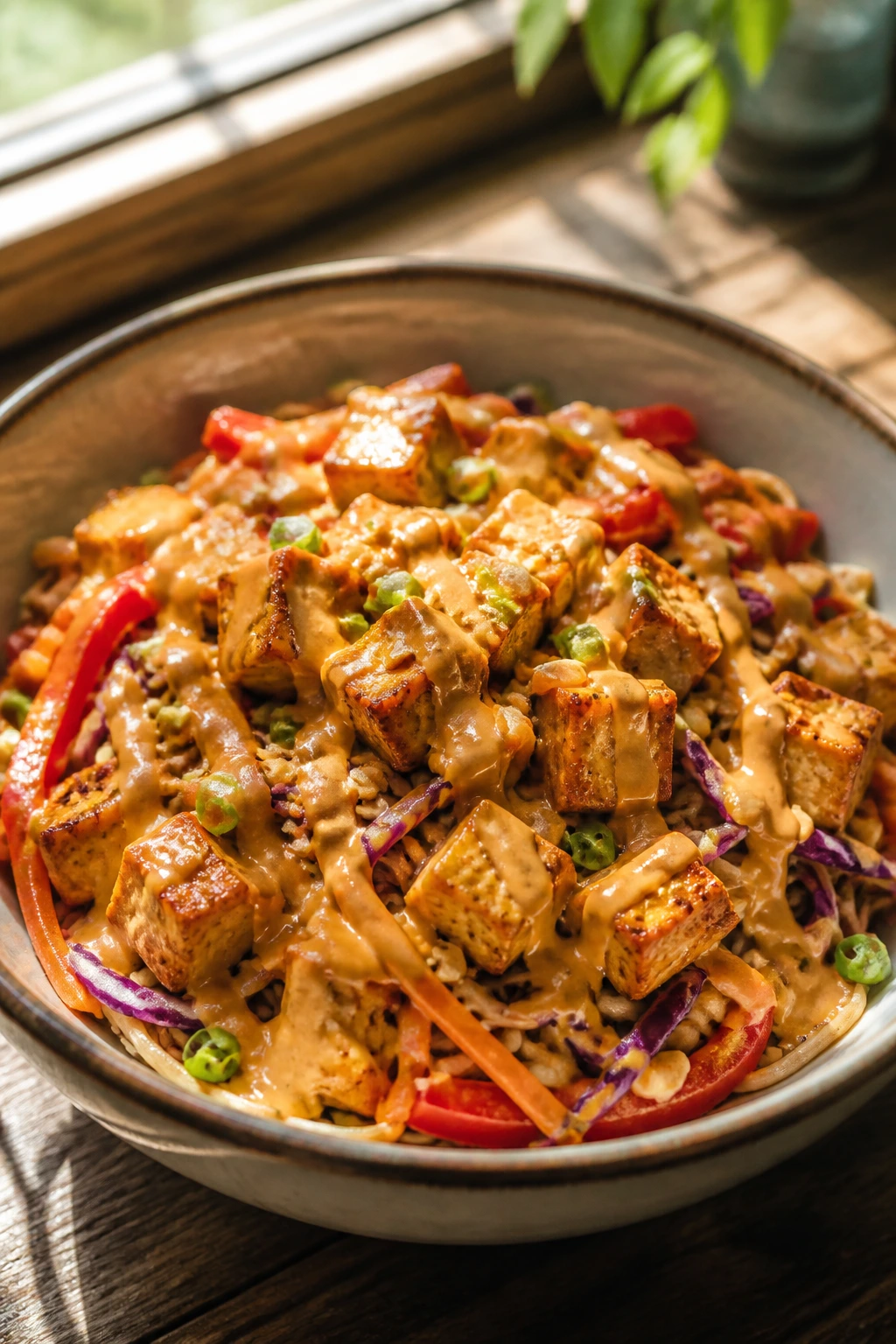 Close-up of Thai Peanut Tofu Noodle Bowl with tofu, soba noodles, cabbage and peanut sauce.