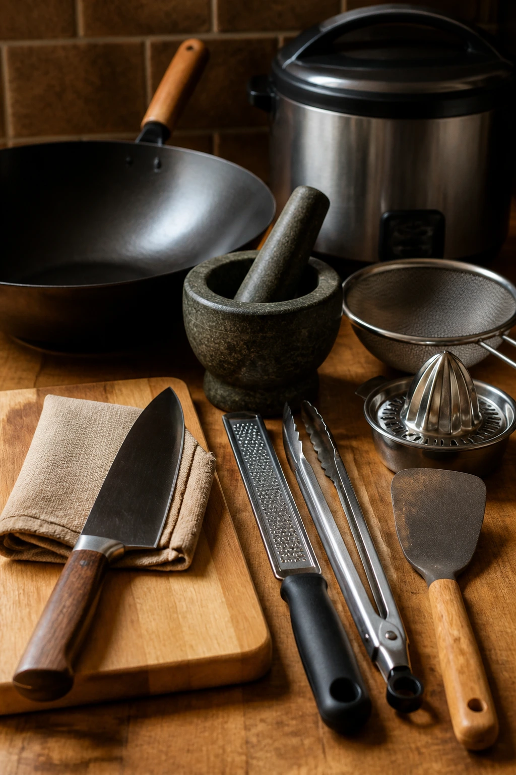 Macro view of Thai cooking tools laid out on a wooden counter