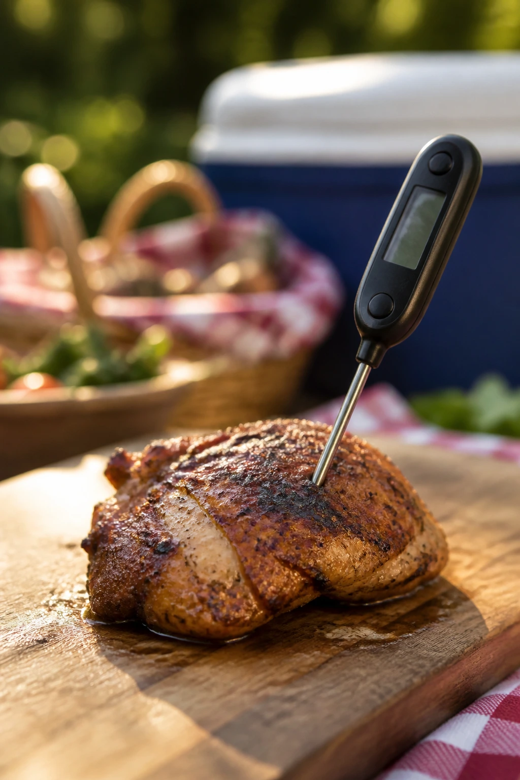 Thermometer in grilled chicken thigh with cooler in background