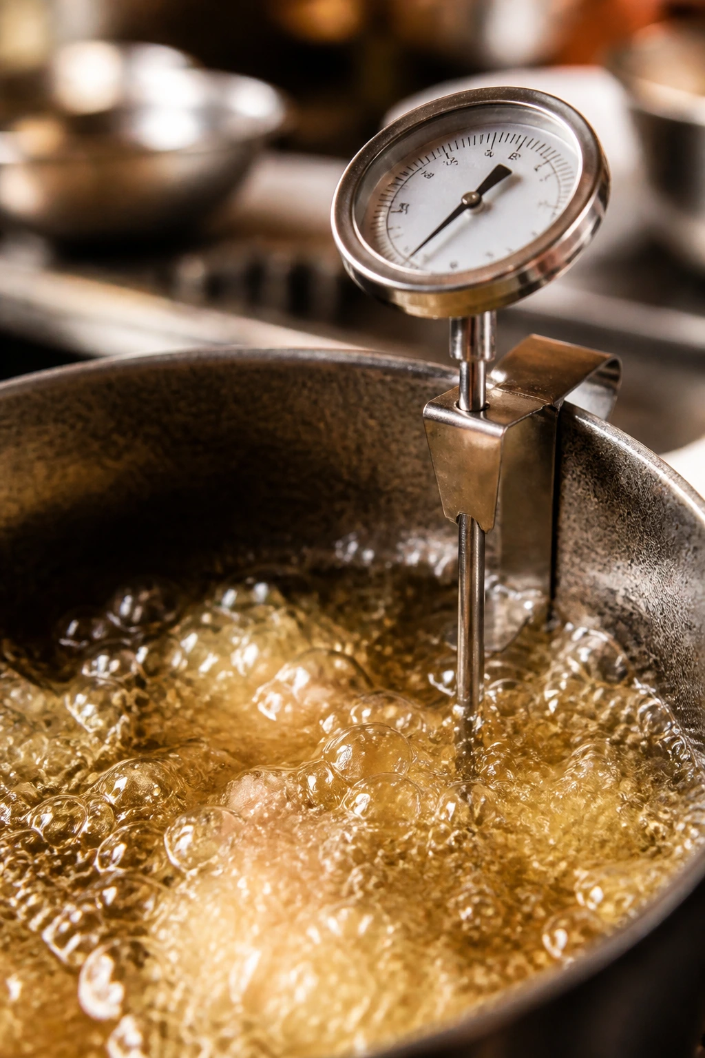 Thermometer in hot oil, essential frying tool
