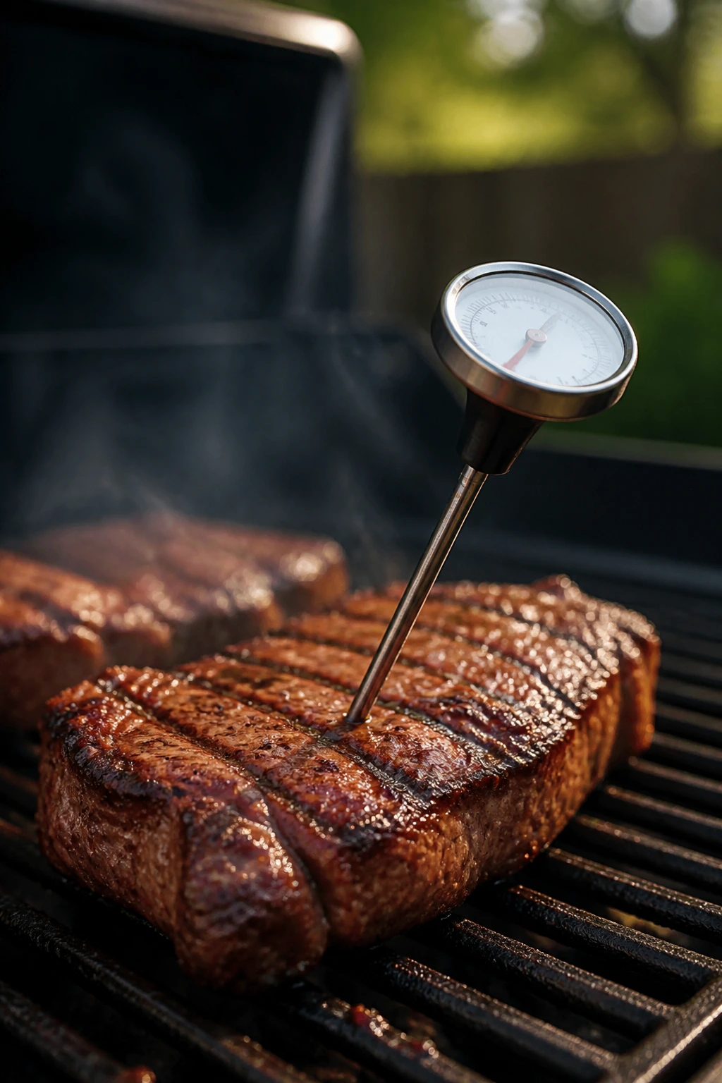 Instant-read thermometer in meat on a grill
