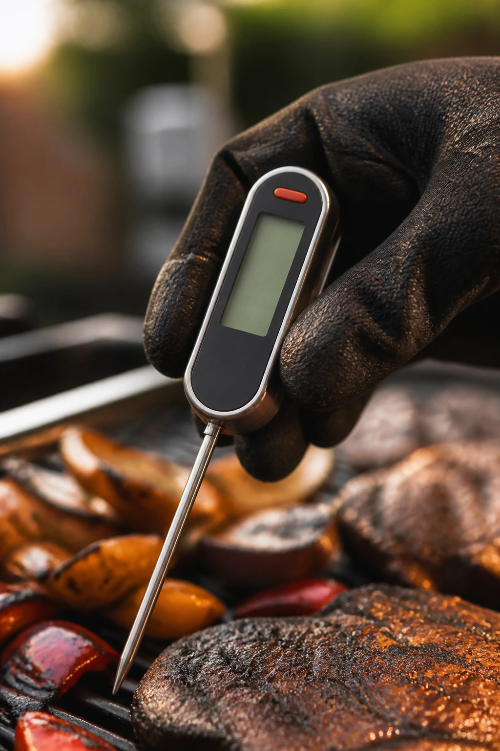 Close-up of an instant-read thermometer held near a grill