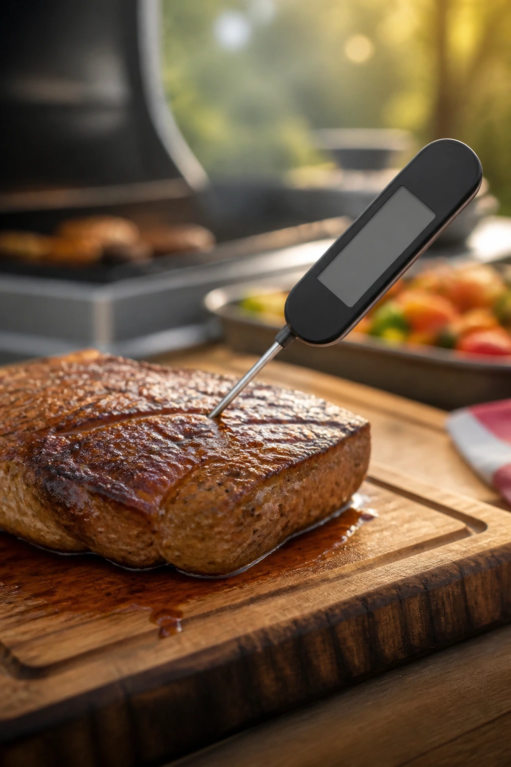Close-up of an instant-read thermometer with probe in meat and grill in background