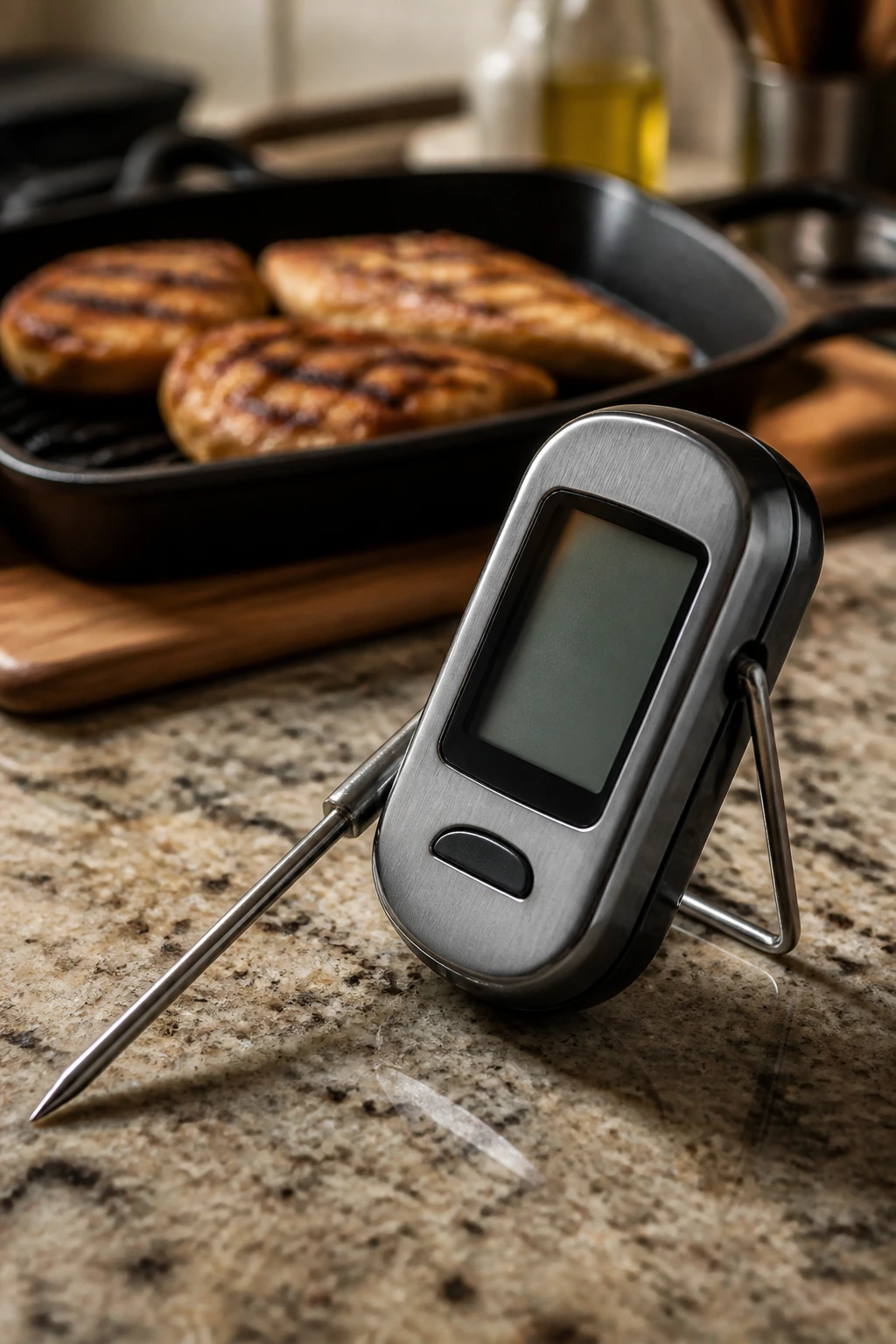 Close-up of an instant-read thermometer with a grill pan in the background
