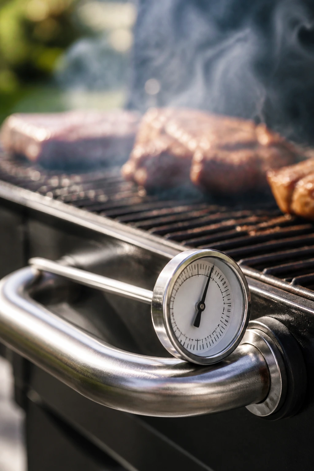 Instant-read thermometer on grill handle outdoors