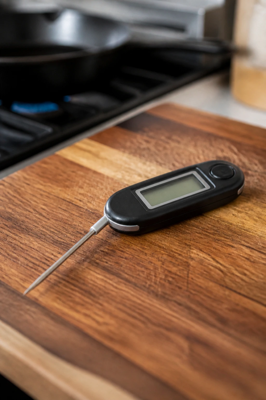 Close-up of an instant-read thermometer on a cutting board in a kitchen.