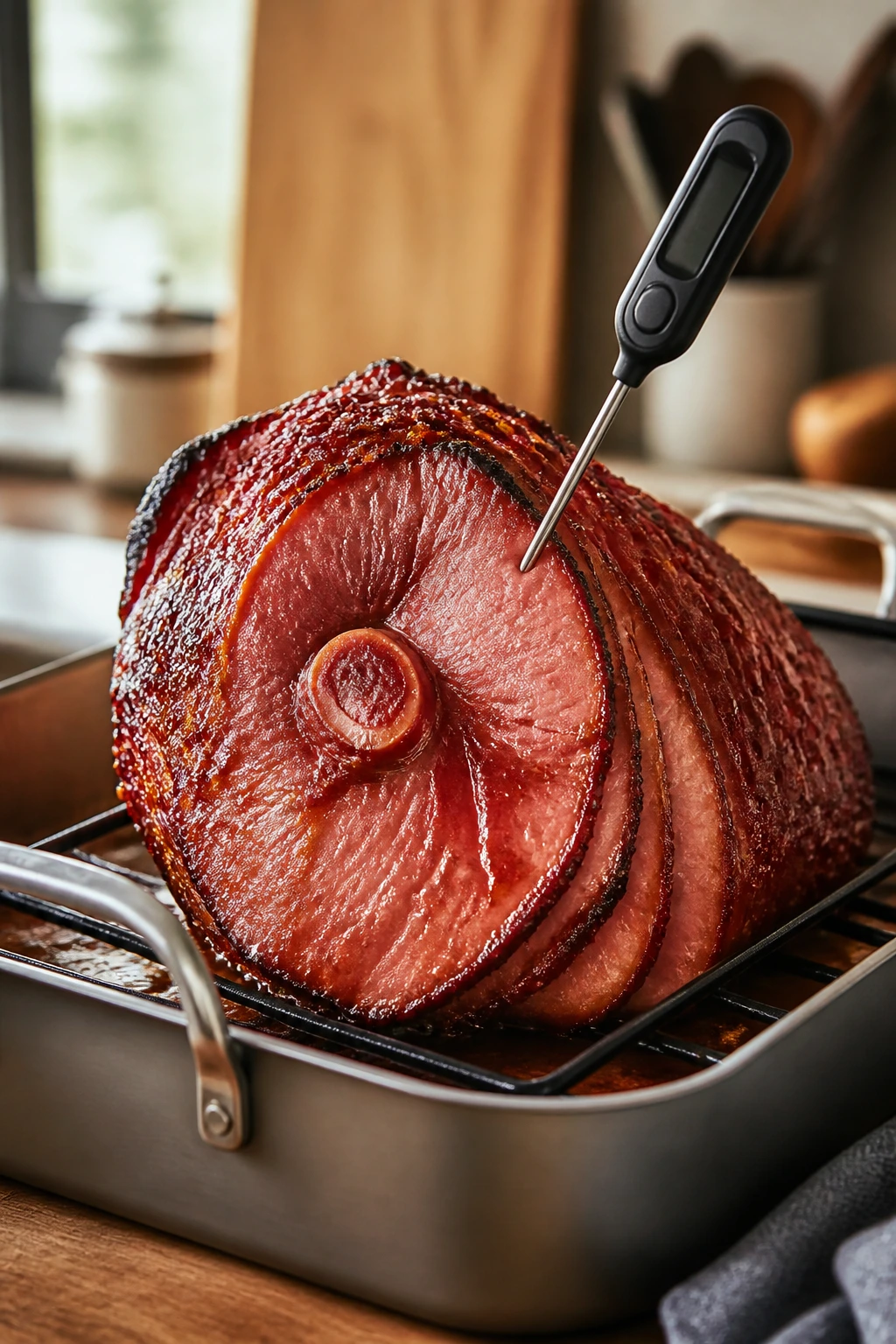 Instant-read thermometer in ham on roasting pan, kitchen setting