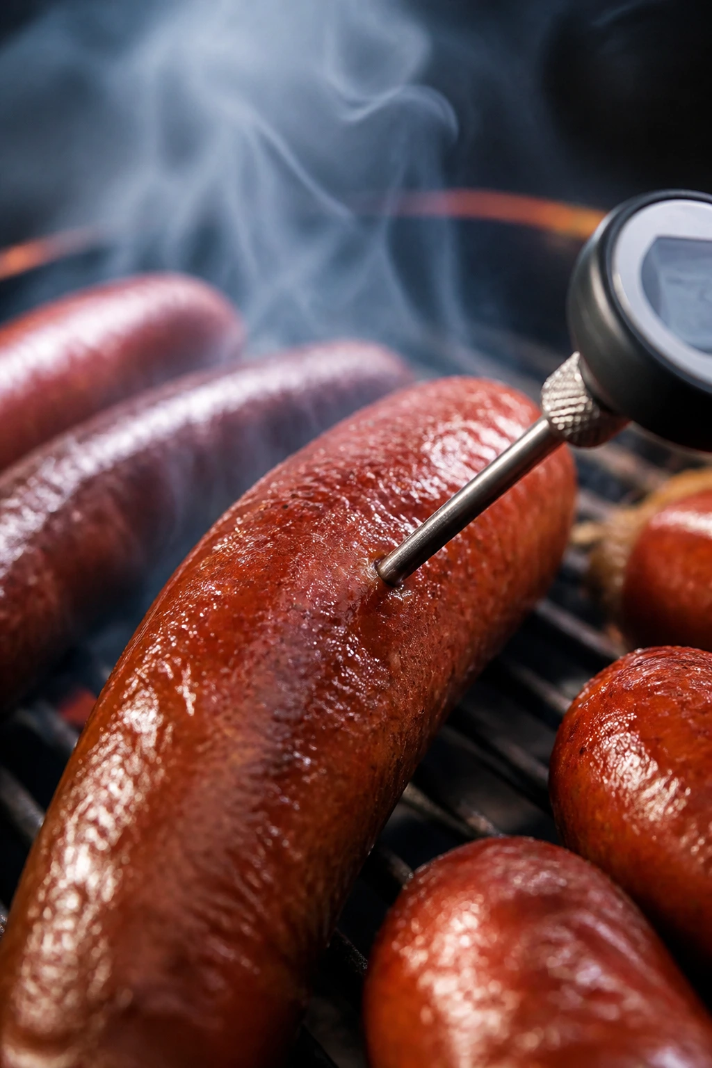 Thermometer probe inserted into thick smoked sausage with a smoky background