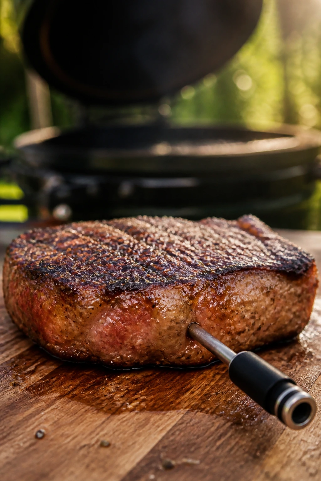 Steak with probe thermometer inserted, display hidden from view