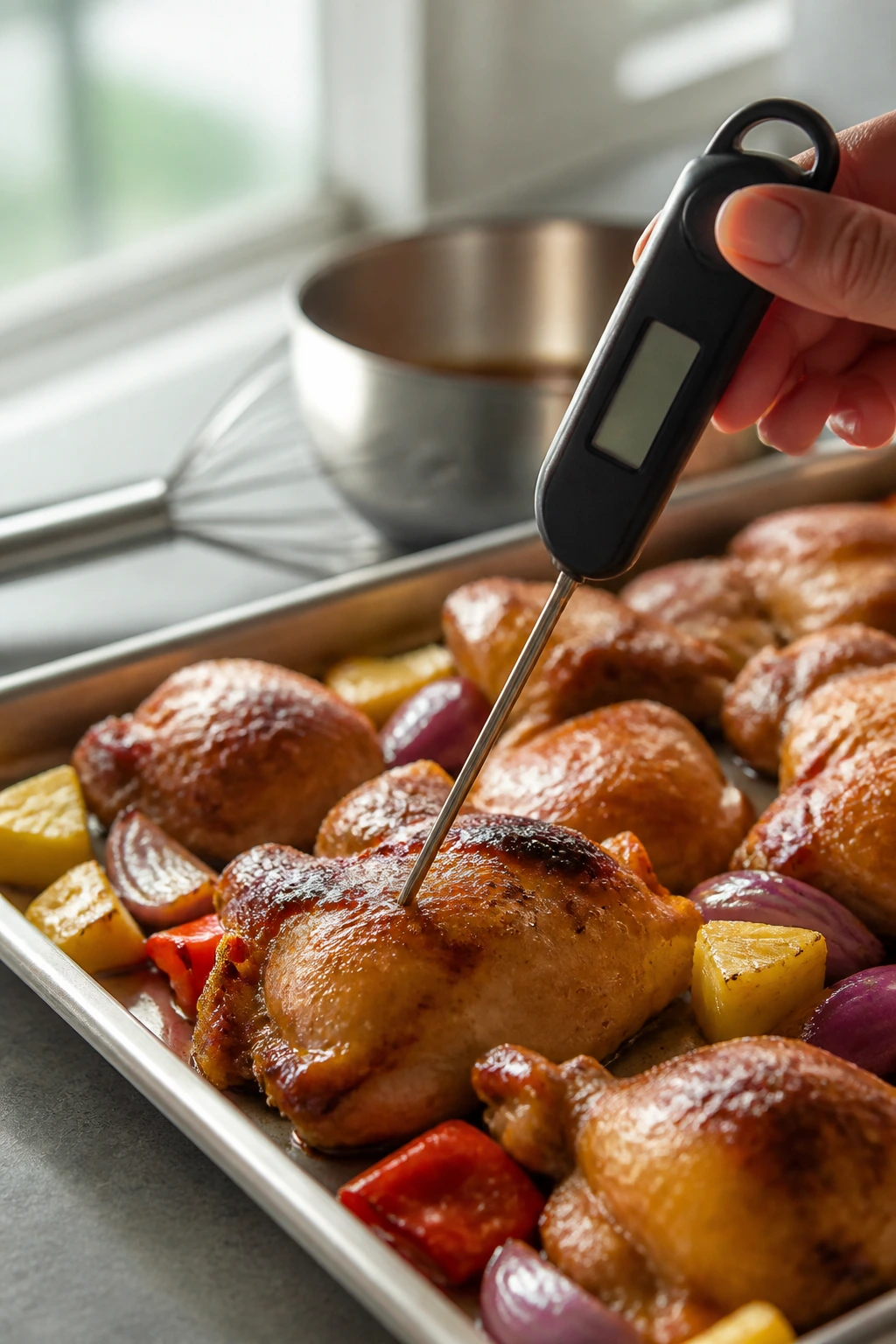 Instant-read thermometer in chicken on a sheet pan