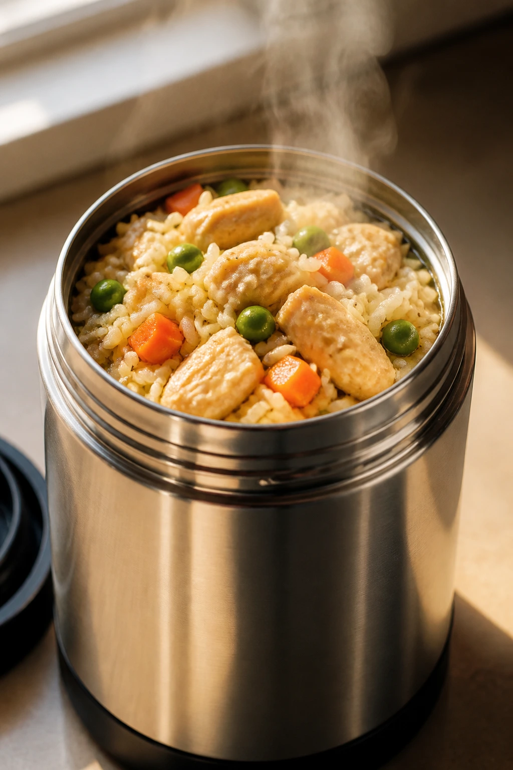 Steaming chicken and rice inside a thermos with vegetables on kitchen counter
