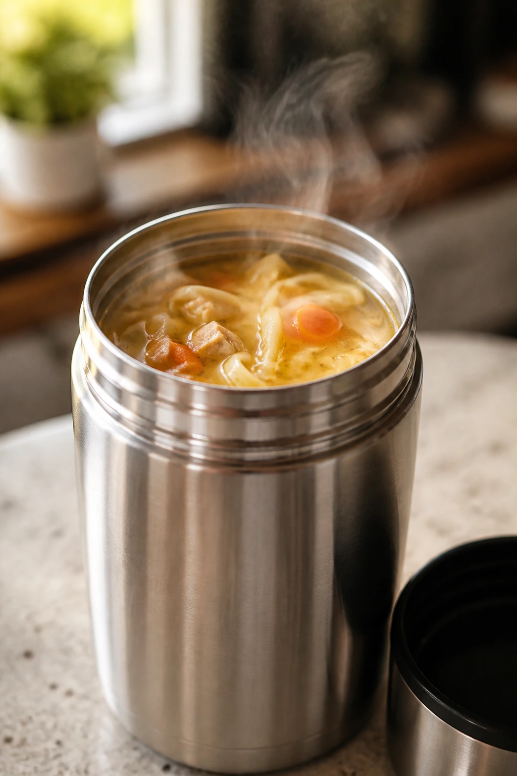 Steaming chicken noodle soup inside an open thermos