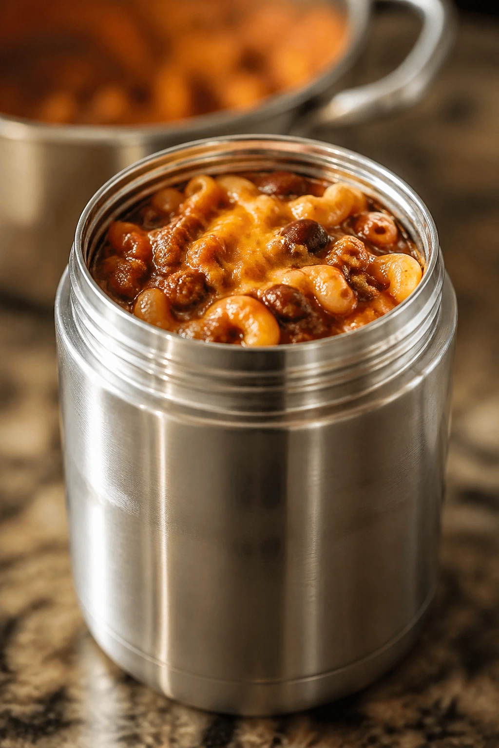 Thermos filled with thick chili mac showing macaroni and cheddar at the rim