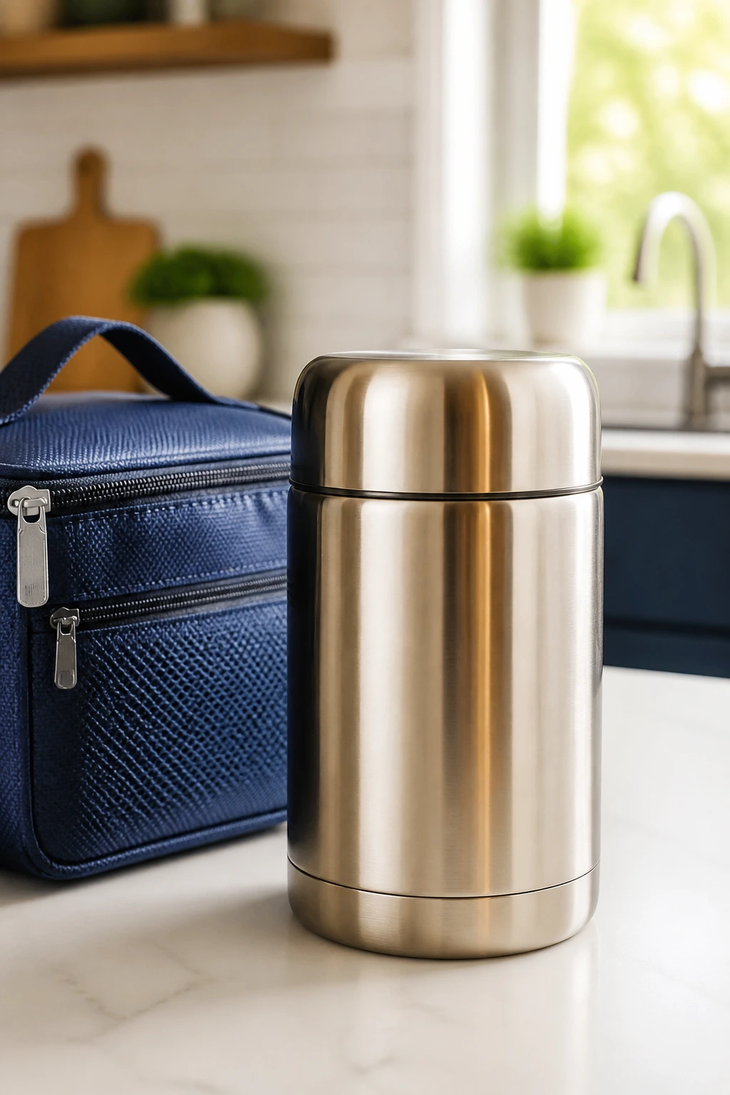 Shiny thermos on kitchen counter for lunch