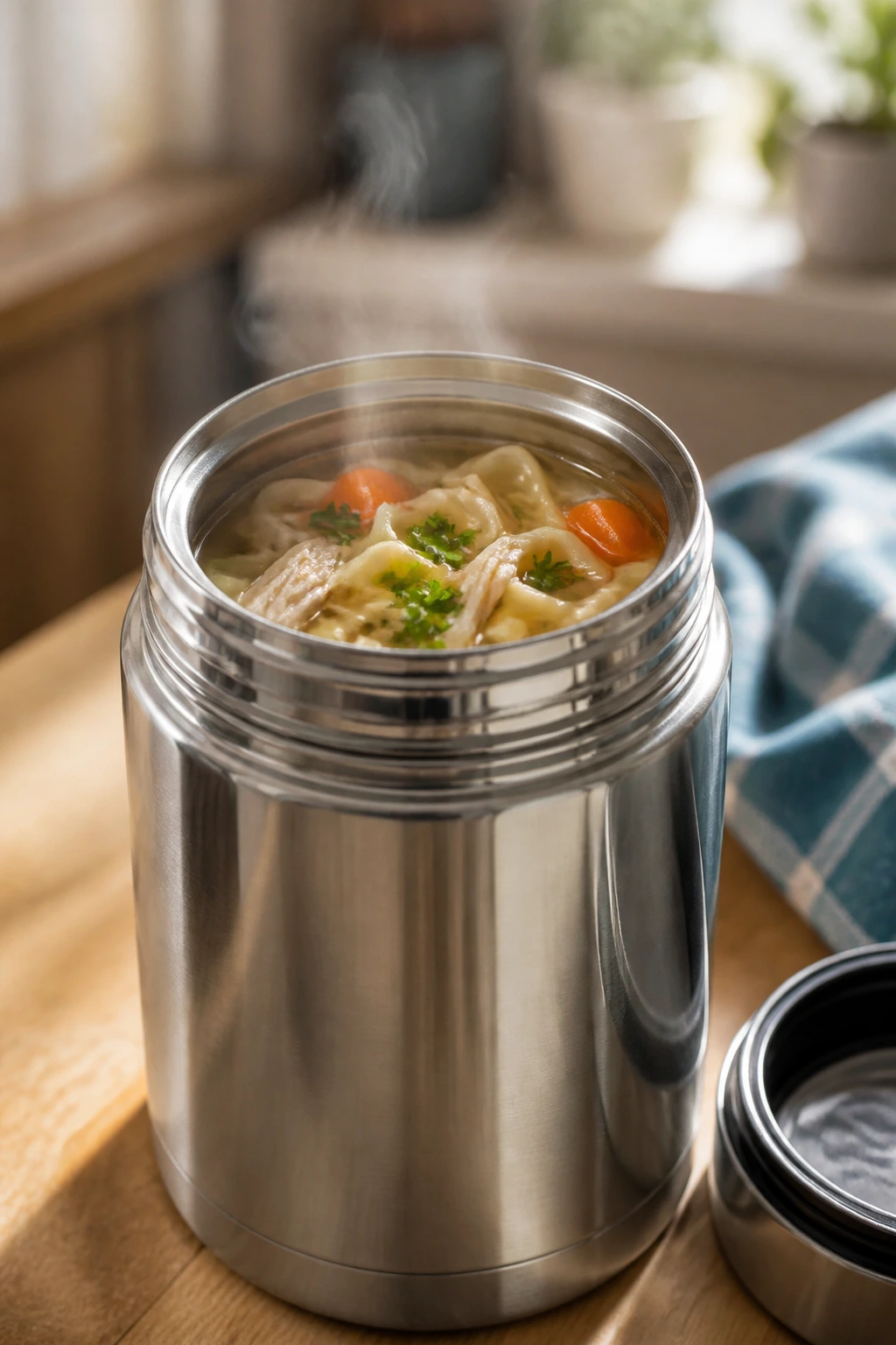 Close-up of a stainless steel thermos with hot chicken noodle soup and steam