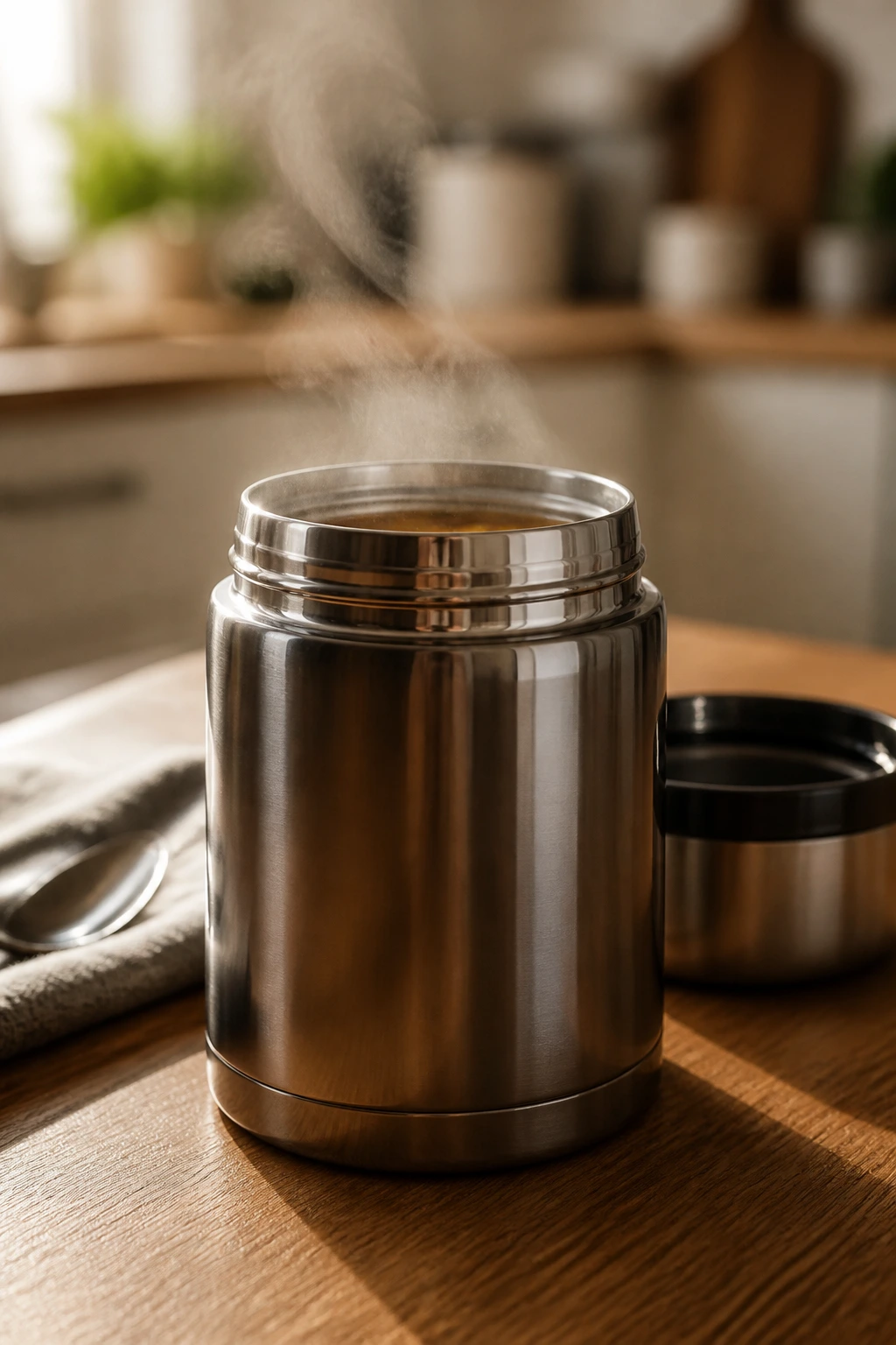 Shiny thermos with steam rising on a warm kitchen table