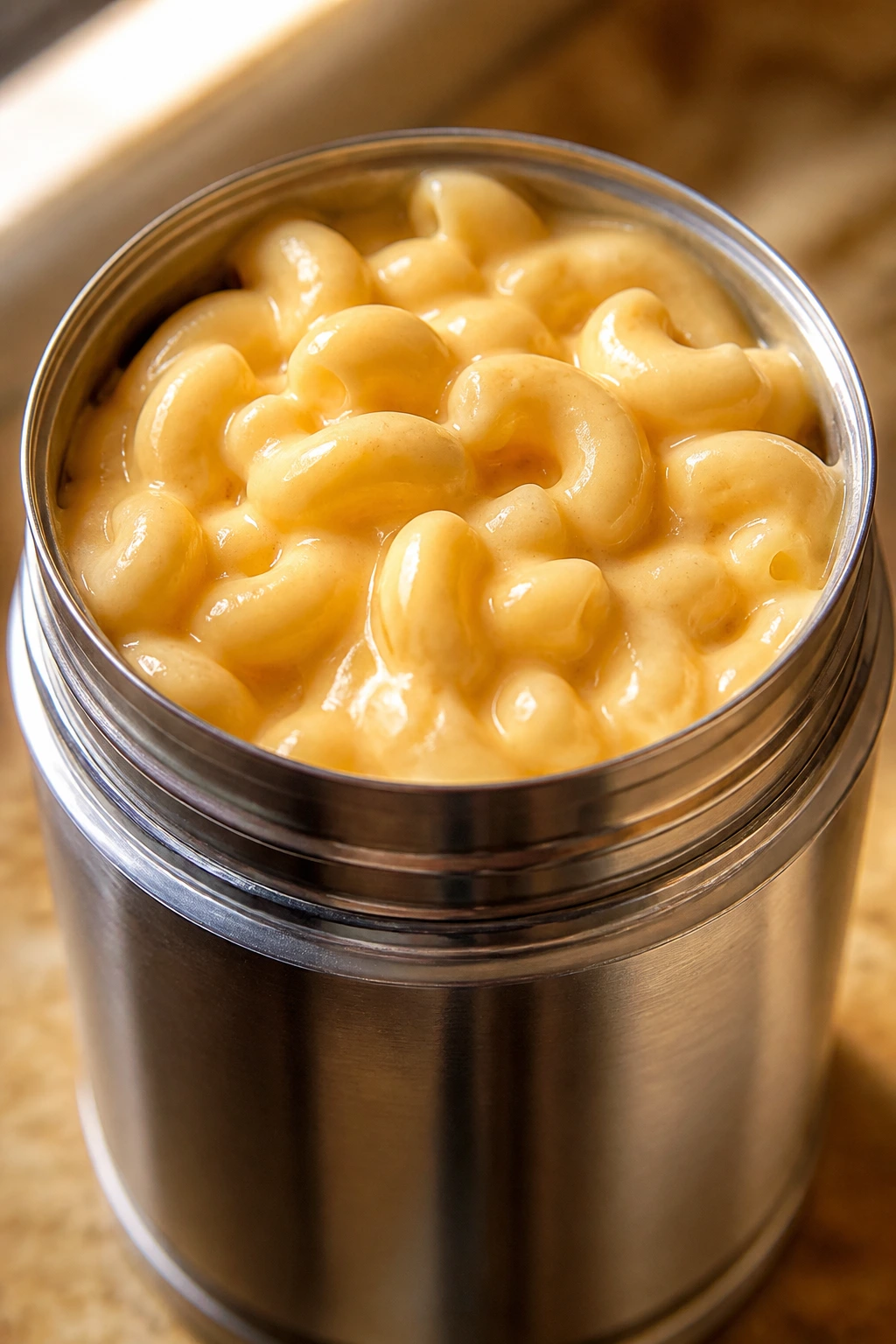 Open-mouth thermos with creamy macaroni and cheese inside