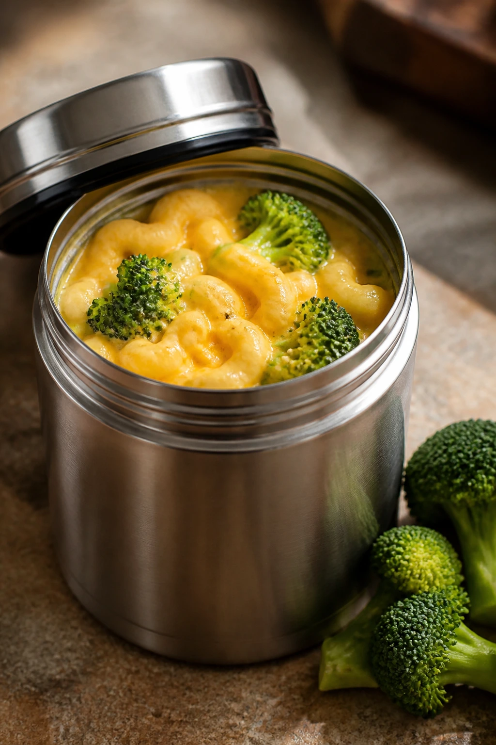 Close-up of a thermos with broccoli beside it, hinting at mac and cheese inside