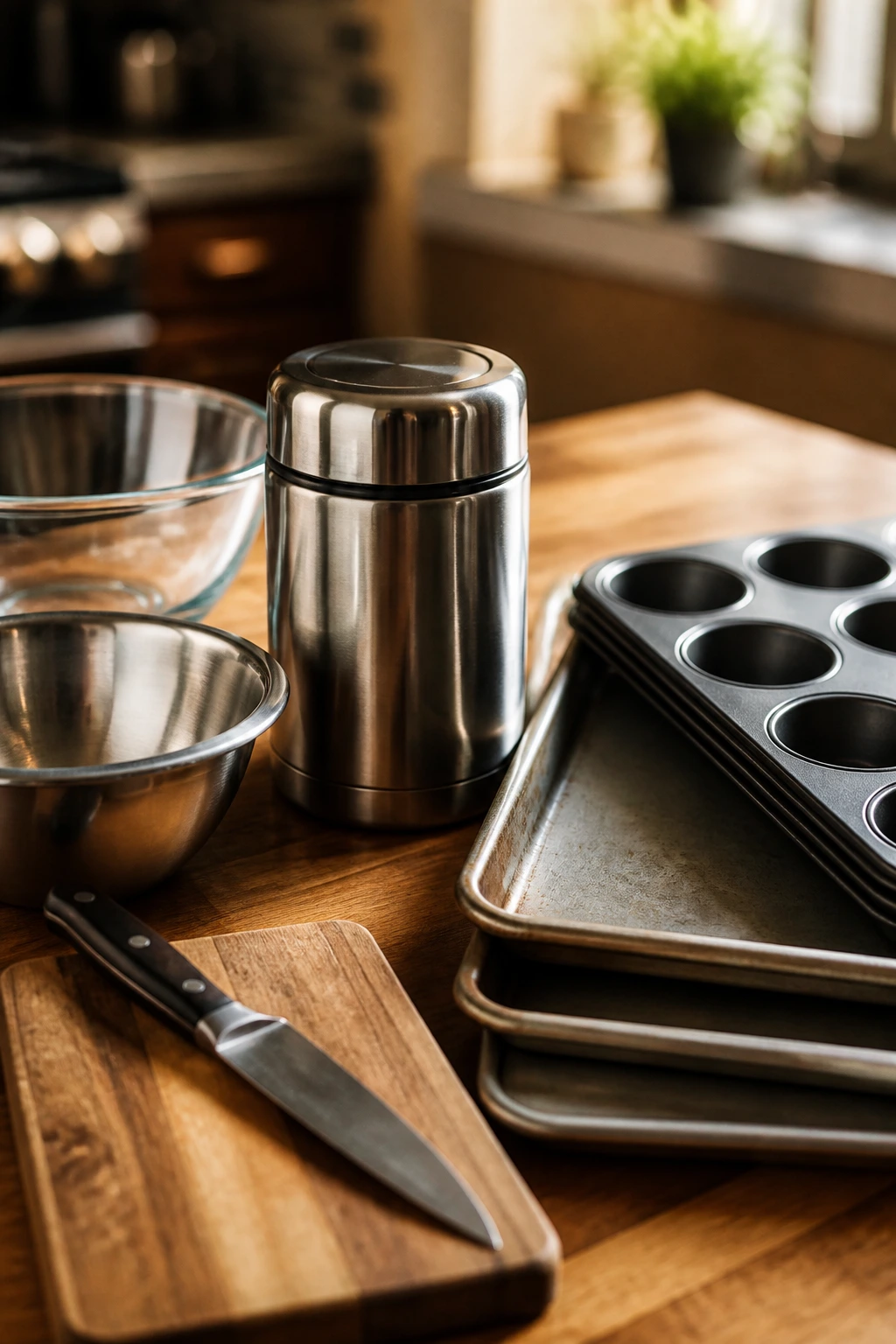 Close-up of essential kitchen equipment for lunchboxes