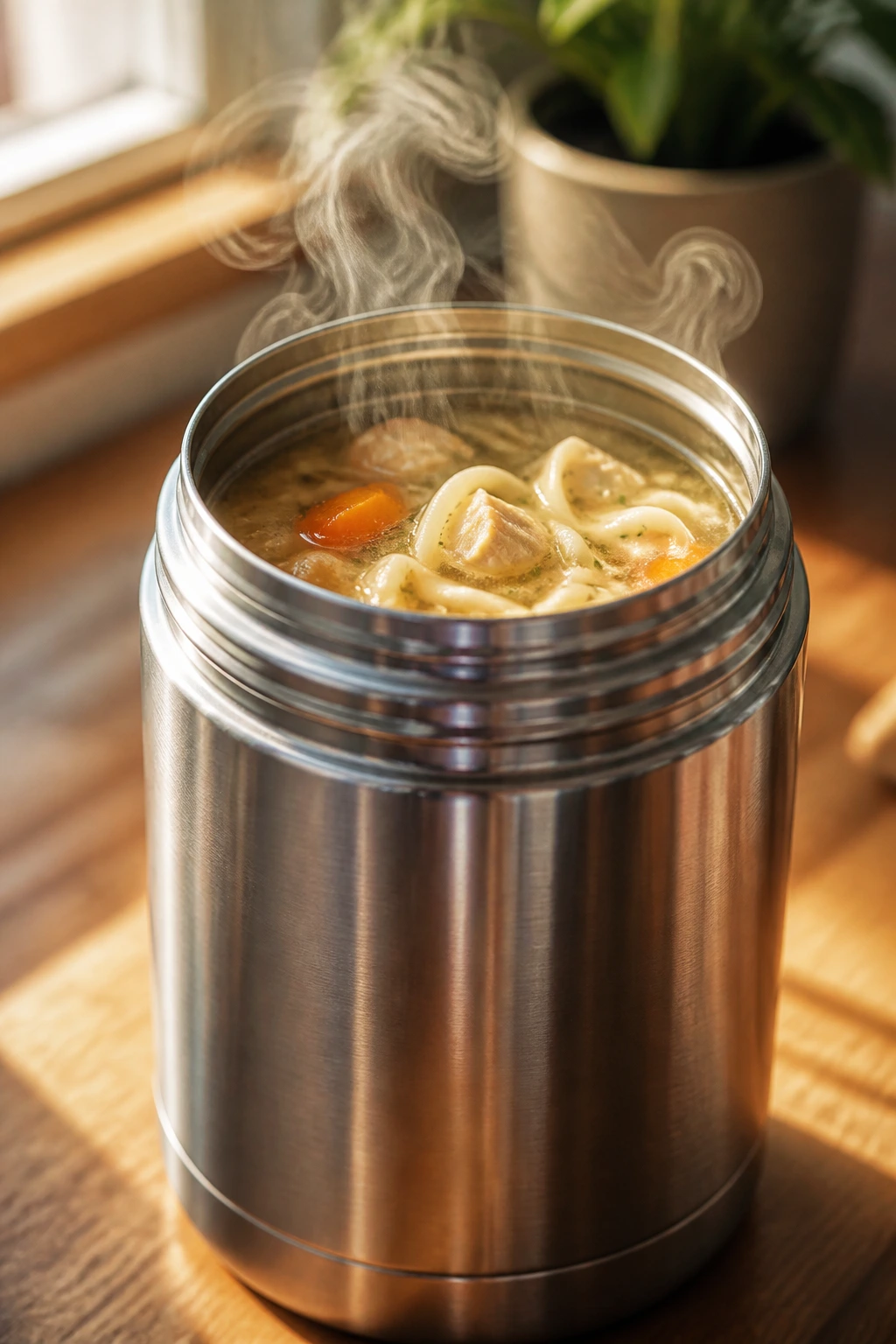 Close-up of a steaming thermos suggesting hot soup in a warm kitchen