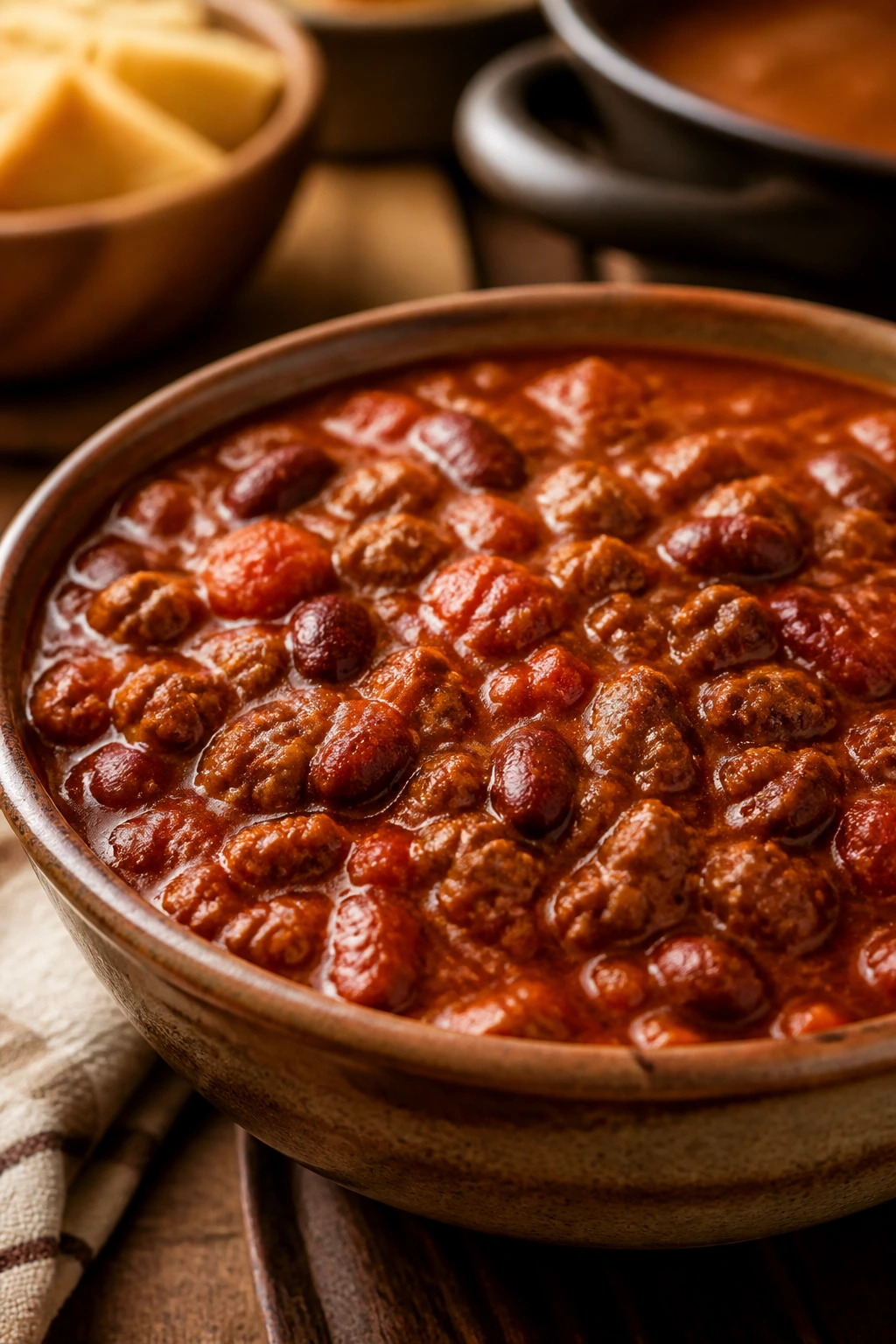 Thick chili with beans and meat in a bowl