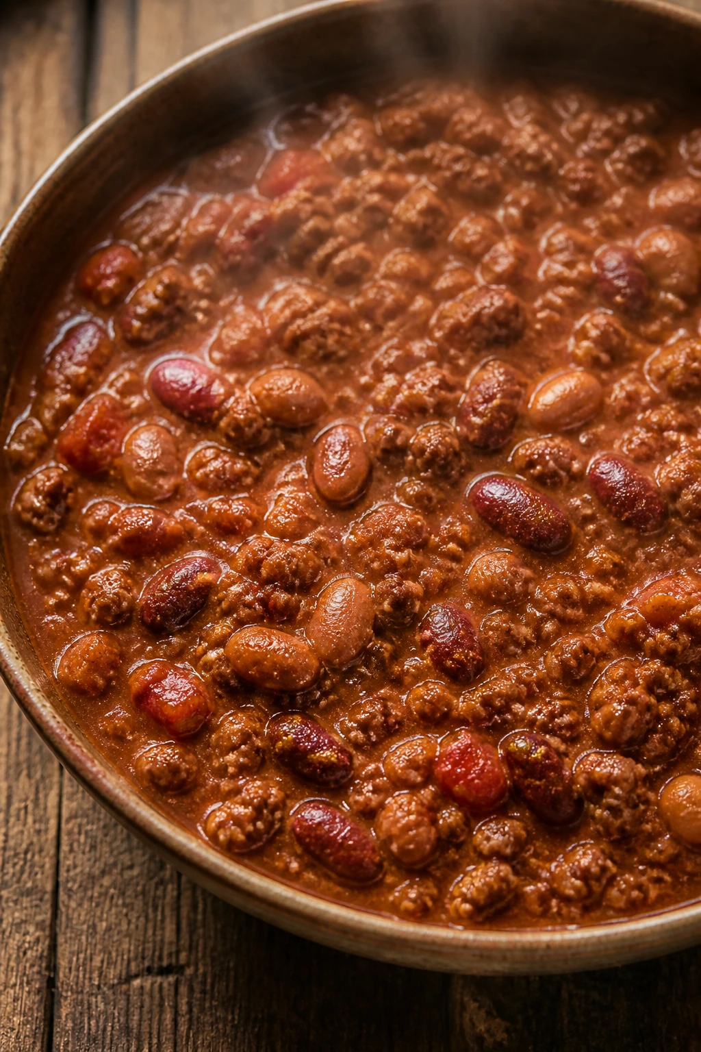 Bowl of thick chili with beans and beef on a rustic surface