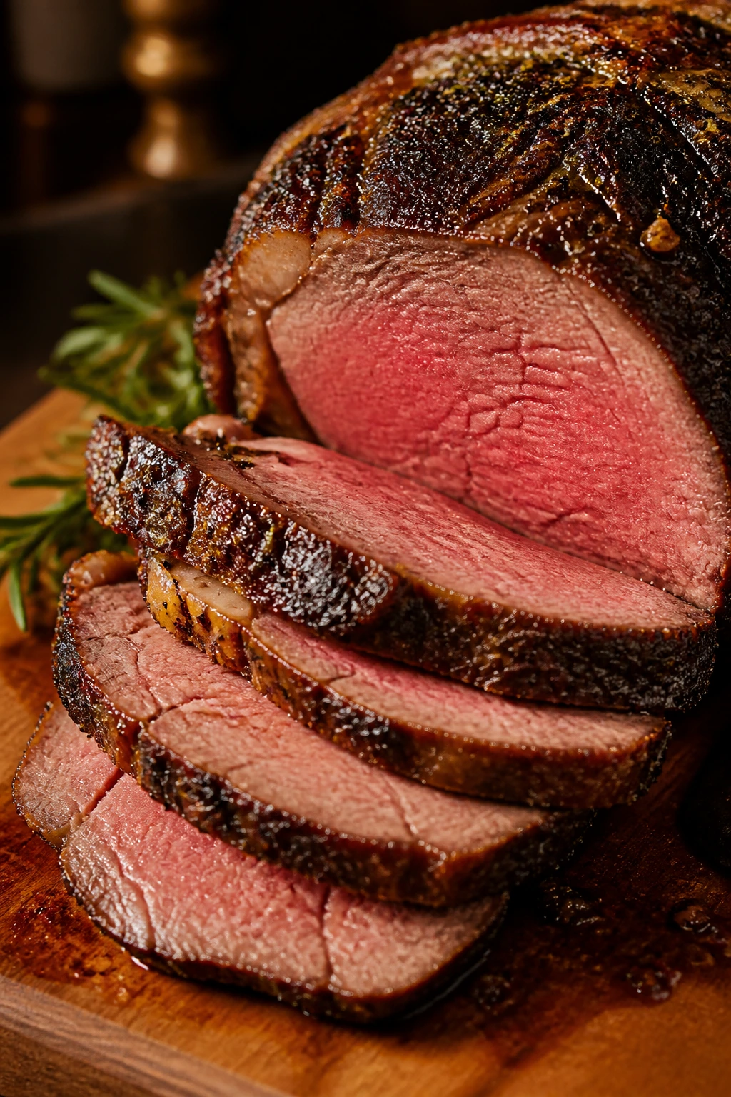 Thick-cut roast beef slices on a cutting board
