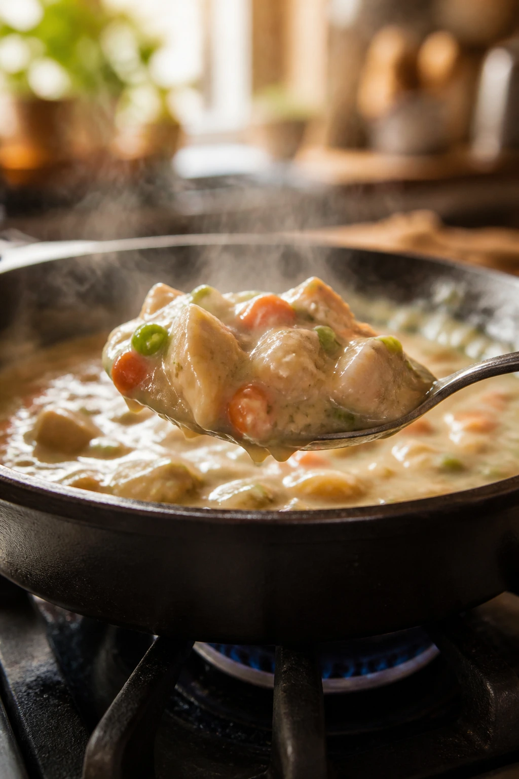 Thick filling perched on a spoon on a stove