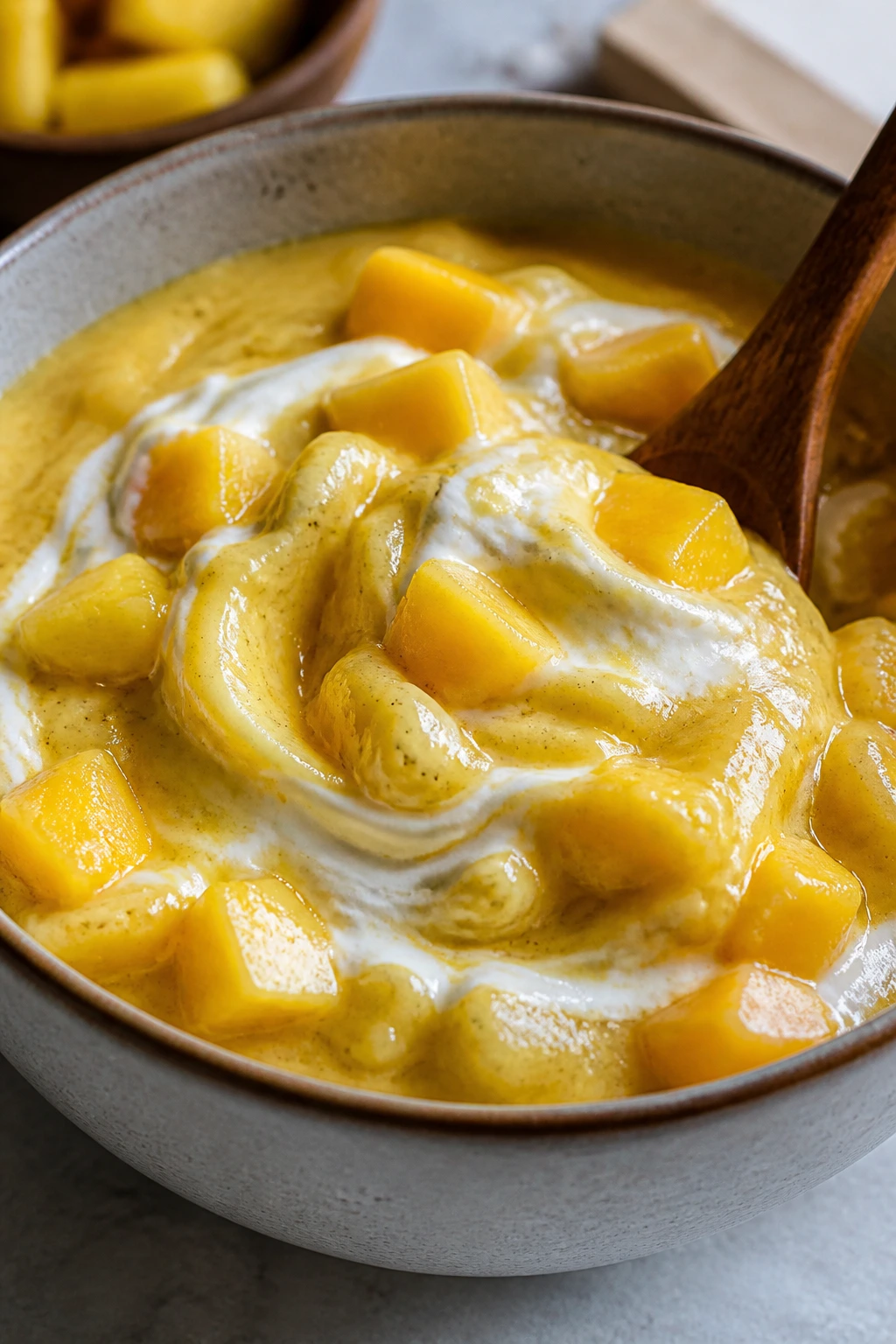 Thick smoothie bowl with visible mango and pineapple chunks in creamy base