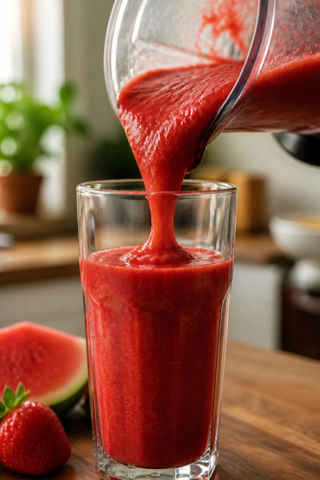Thick red smoothie pouring into a tall glass