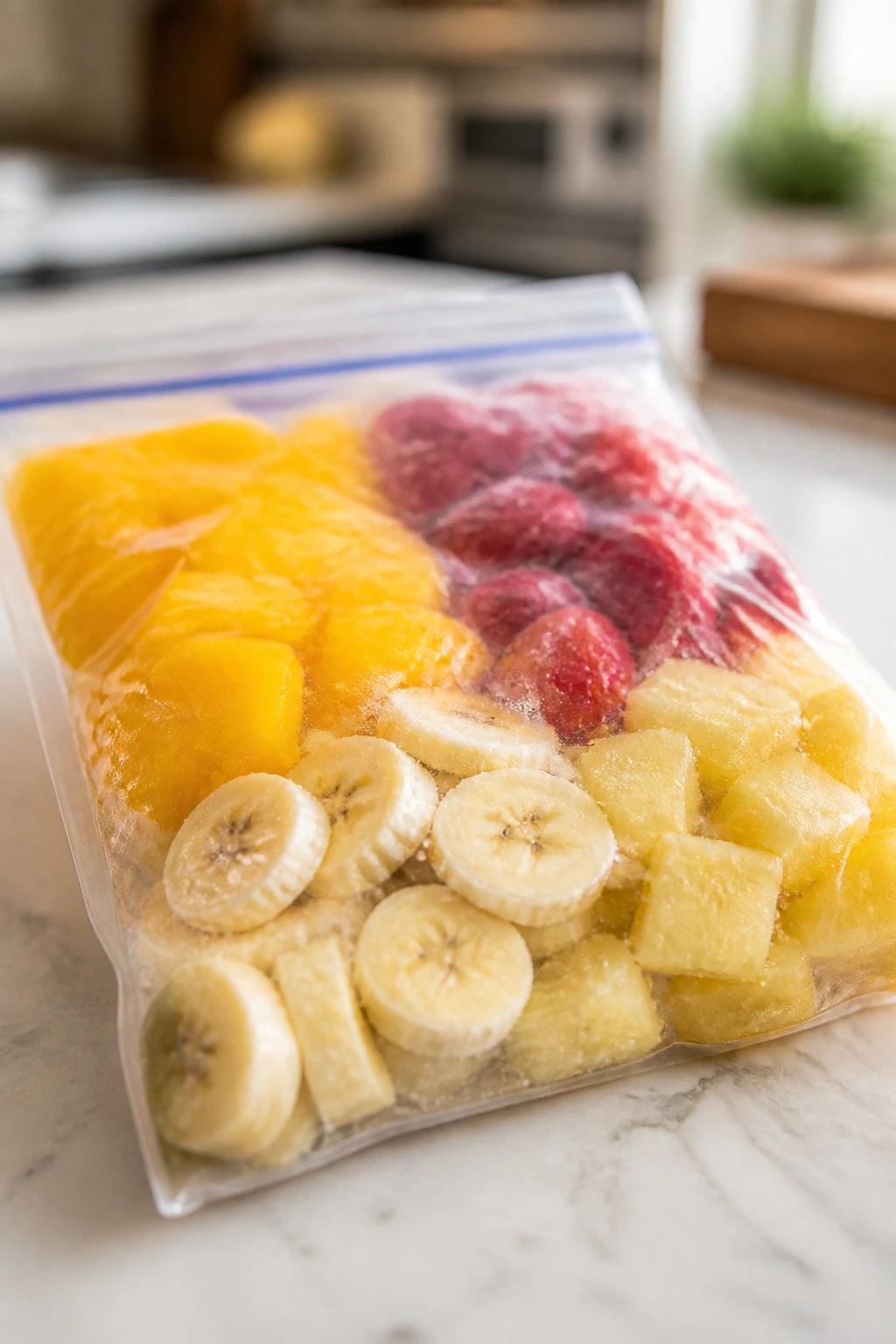 Flat freezer bag showing color blocks of frozen fruits on a counter