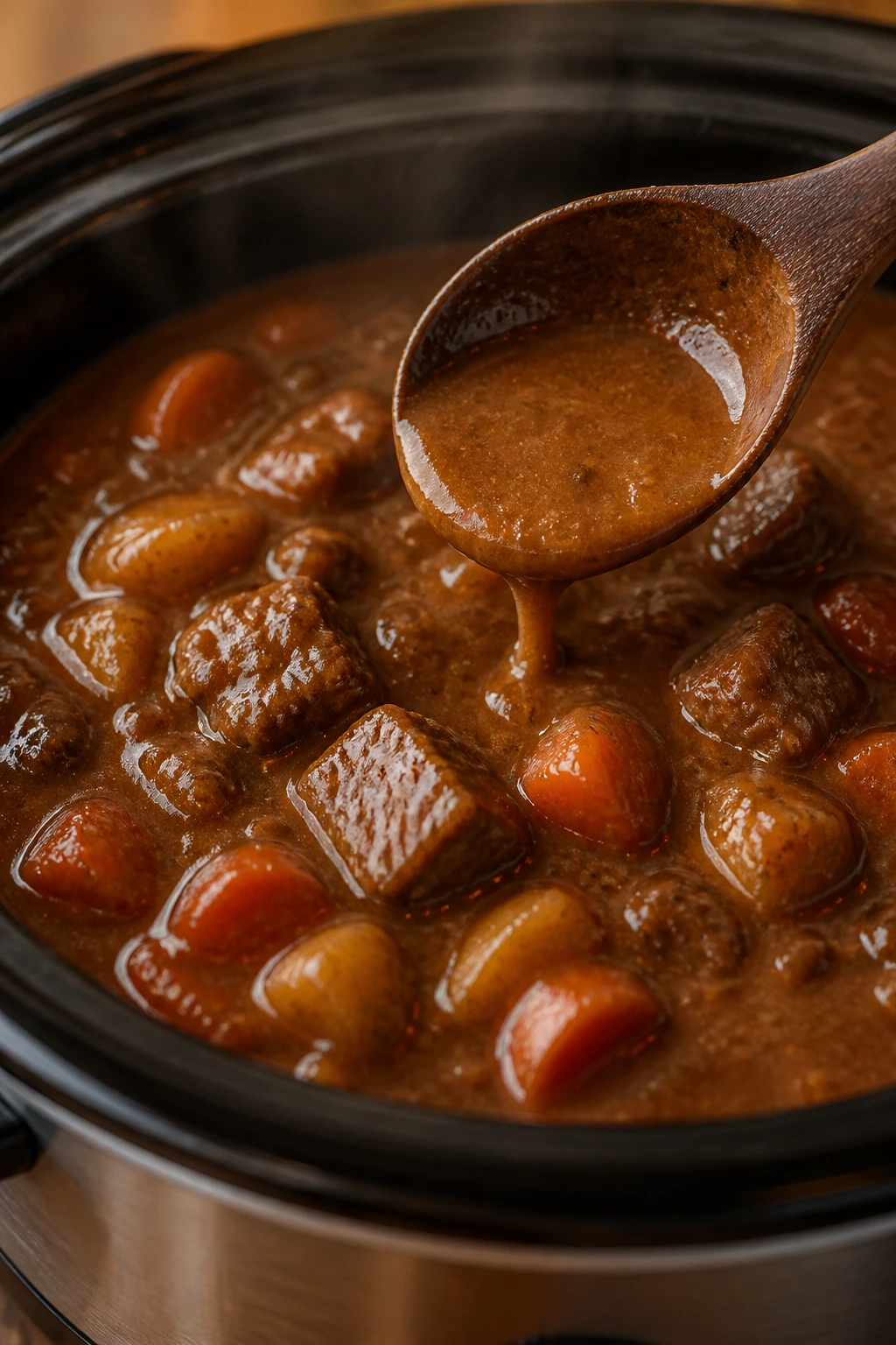 Glossy, thickened beef broth in a pot ready to coat a spoon