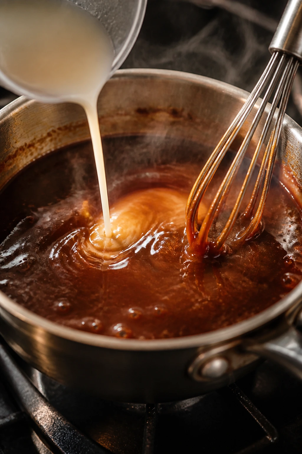 Close-up of glossy sauce thickening in a pan with a cornstarch slurry on a stove