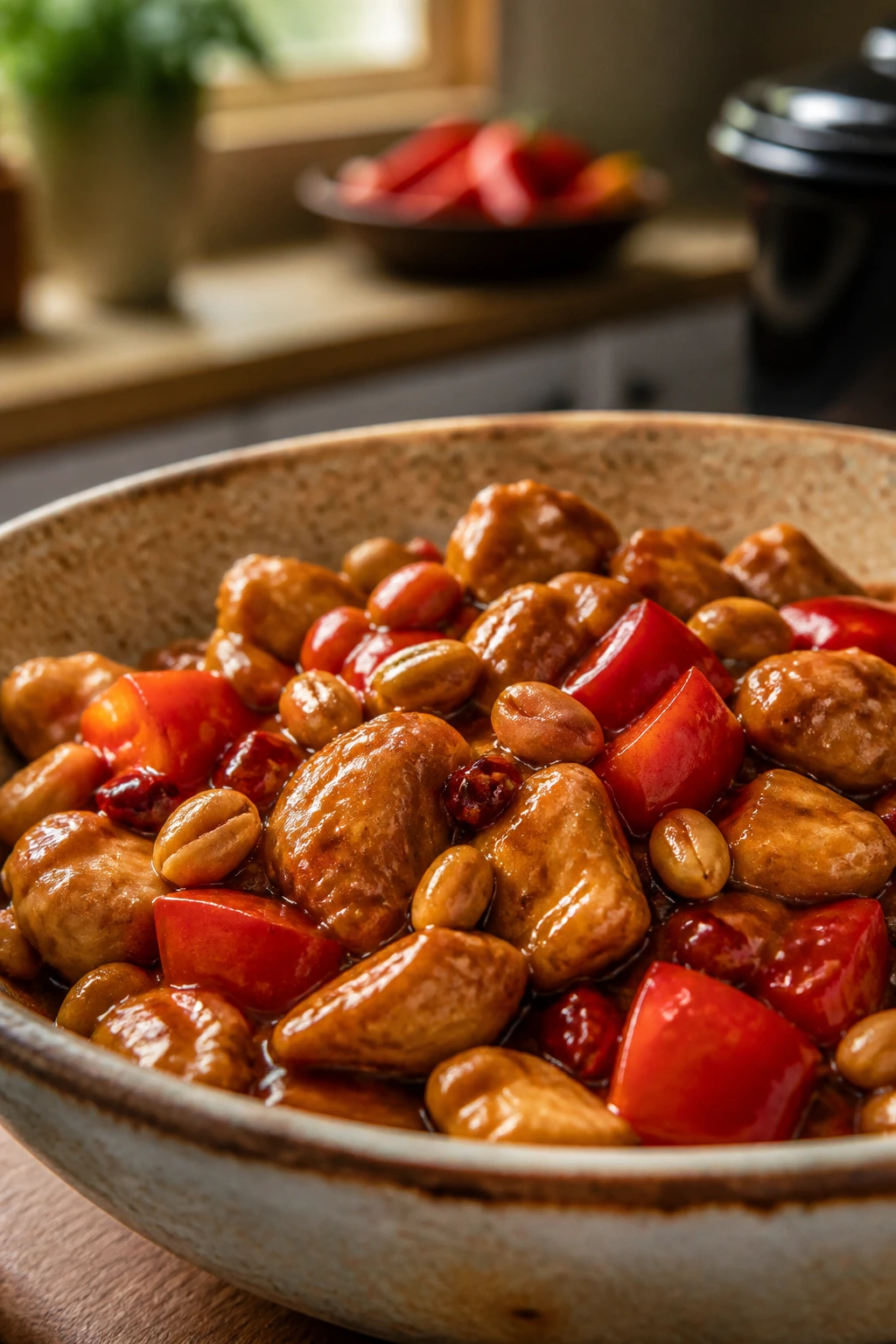 Close-up of glossy Kung Pao sauce with peppers and peanuts in a rustic bowl