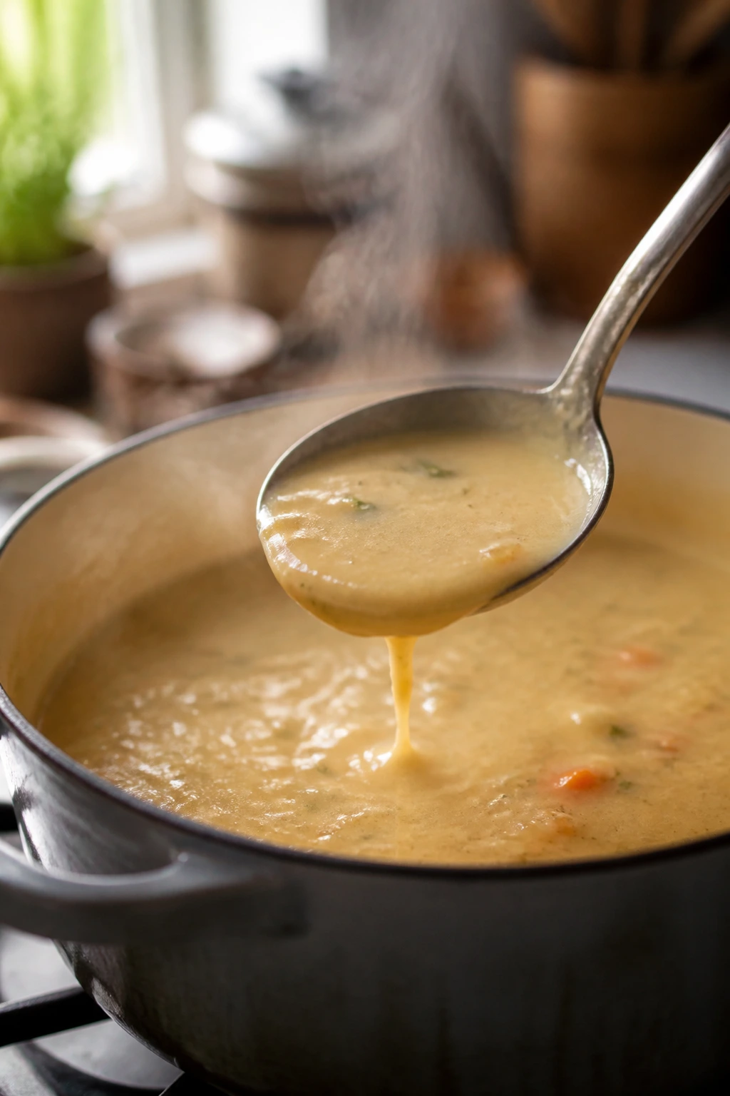 Close-up of a spoon with light-coated soup thickening on stove in a cozy kitchen