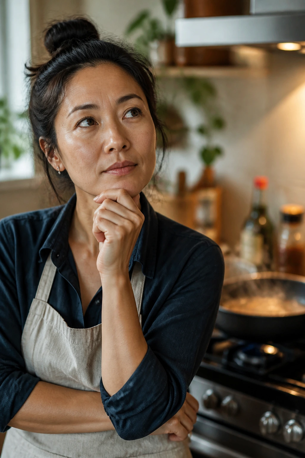 Portrait of a real person in a kitchen thinking about cooking