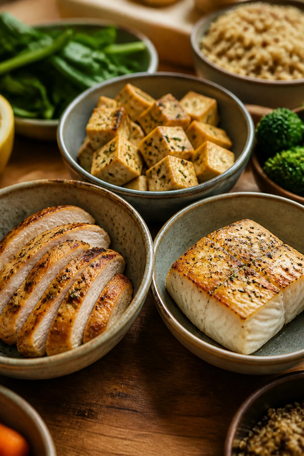 Three protein portions plated in bowls, ready for a weekly meal plan