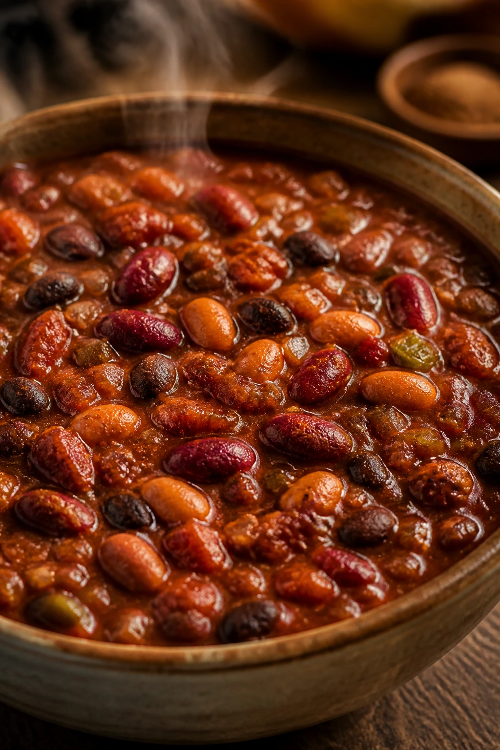 Bowl of three-bean chili with beans in tomato base.