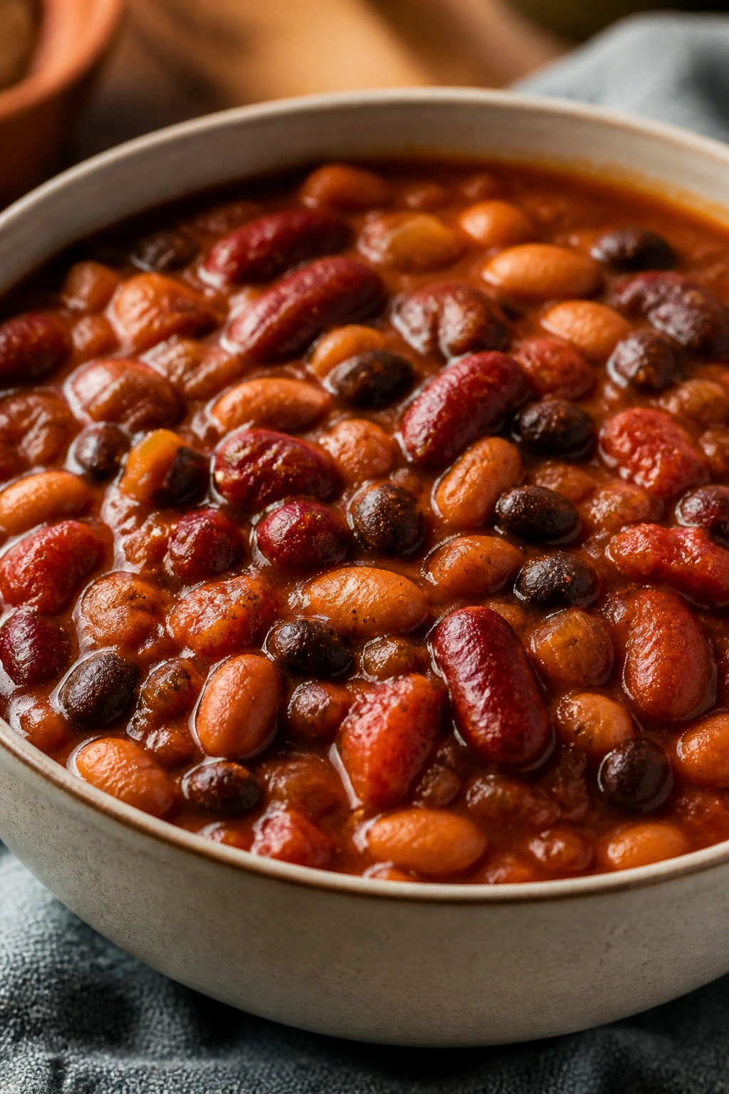 Thick three-bean chili in a bowl